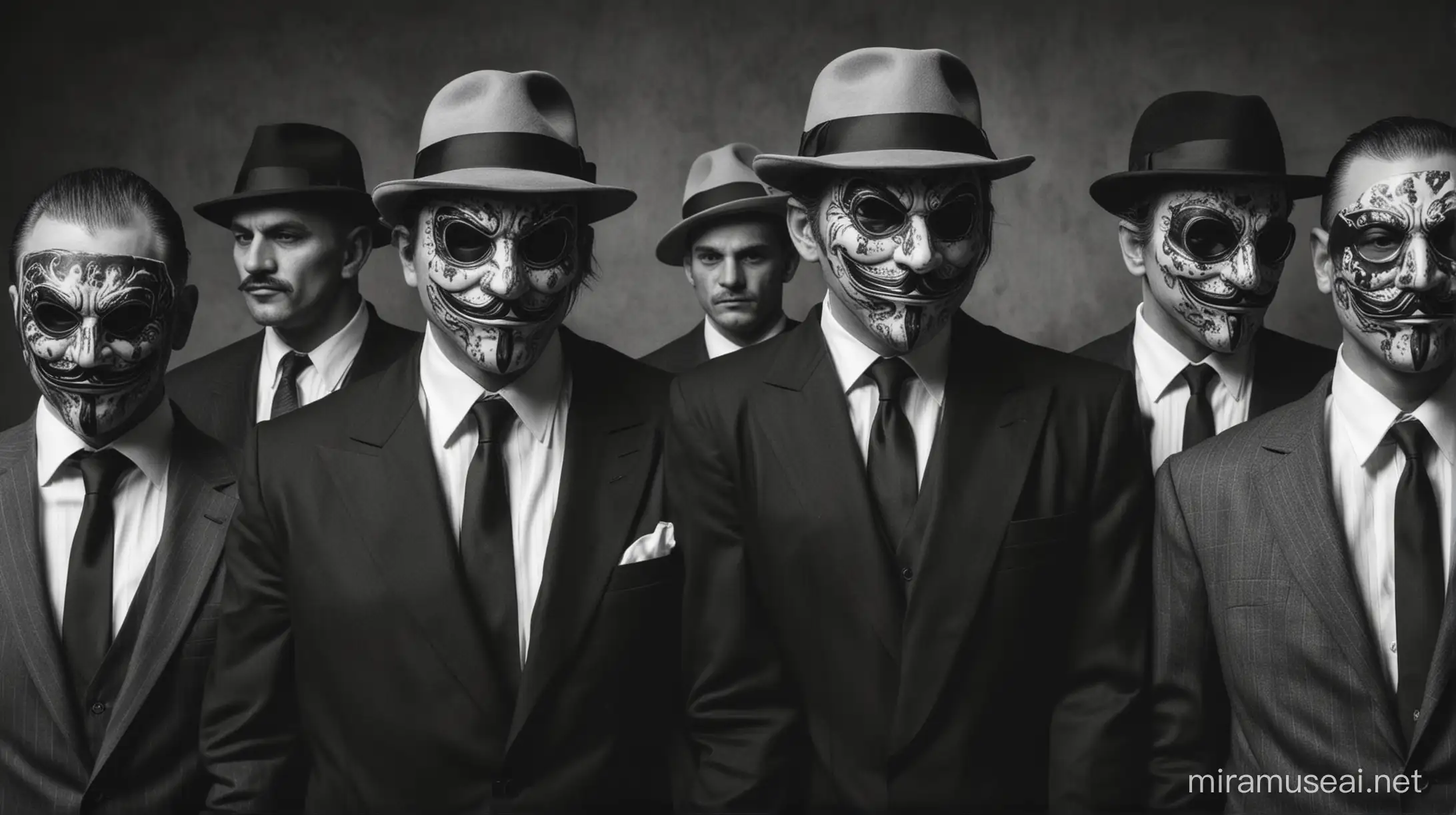 Group of Individuals Wearing Mafia Masks in Dark Alley