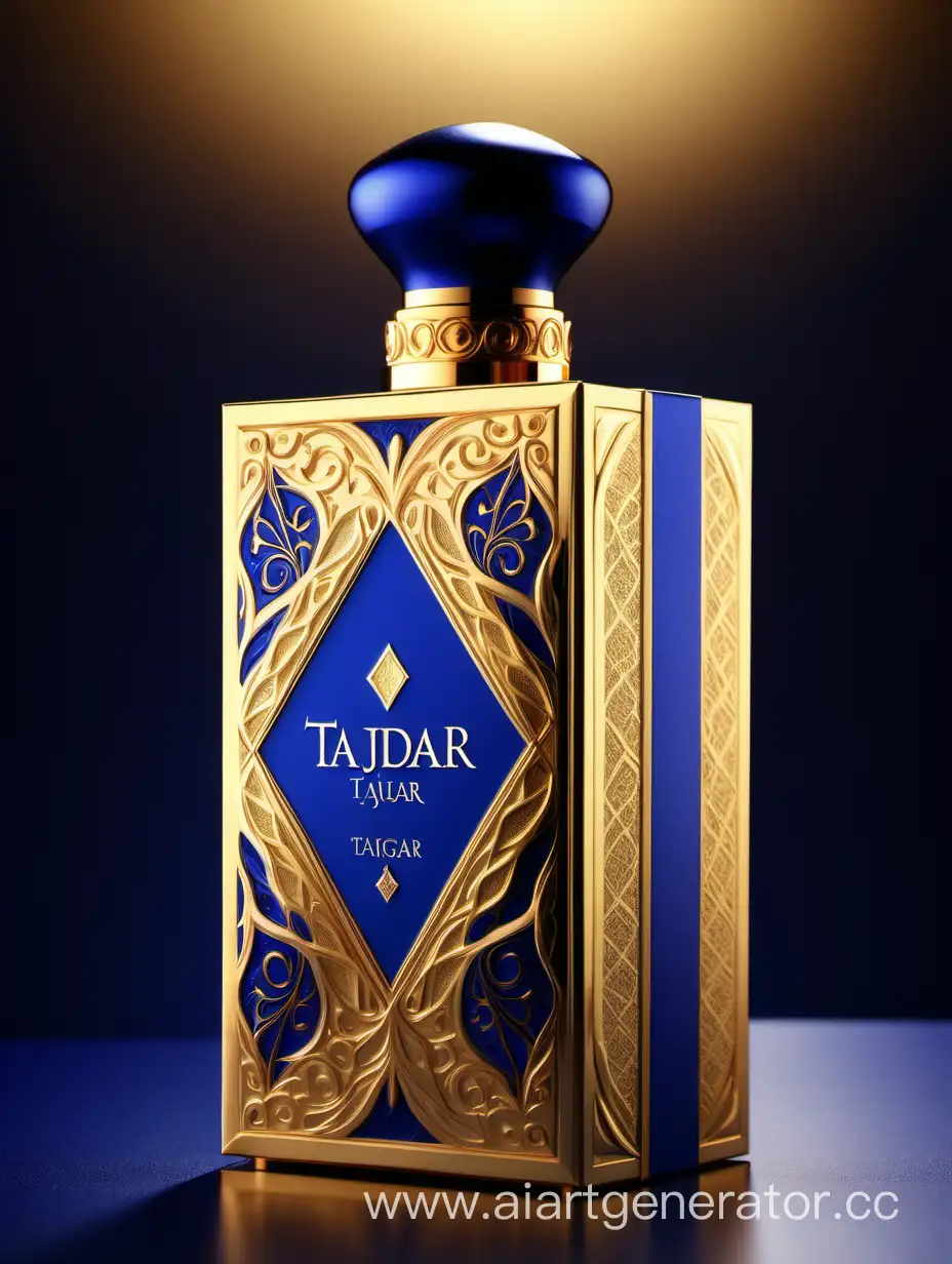 Luxurious-TAJDAR-Perfume-Box-Design-with-Gold-Royal-Blue-and-Beige-Elegance