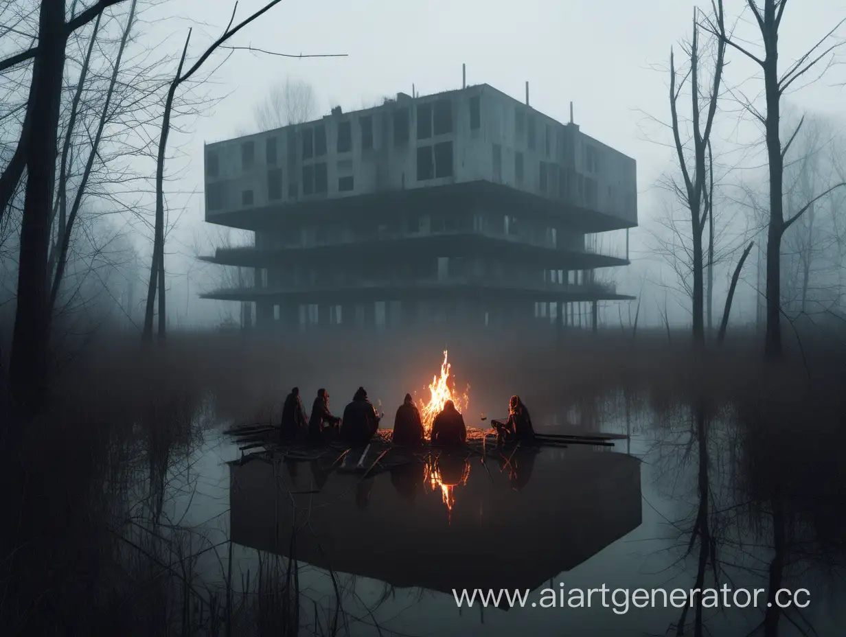 Огромное заброшенное здание странной формы. Оно находится на болоте. Пасмурная погода, туман. У костра сидит сталкерская группировка.