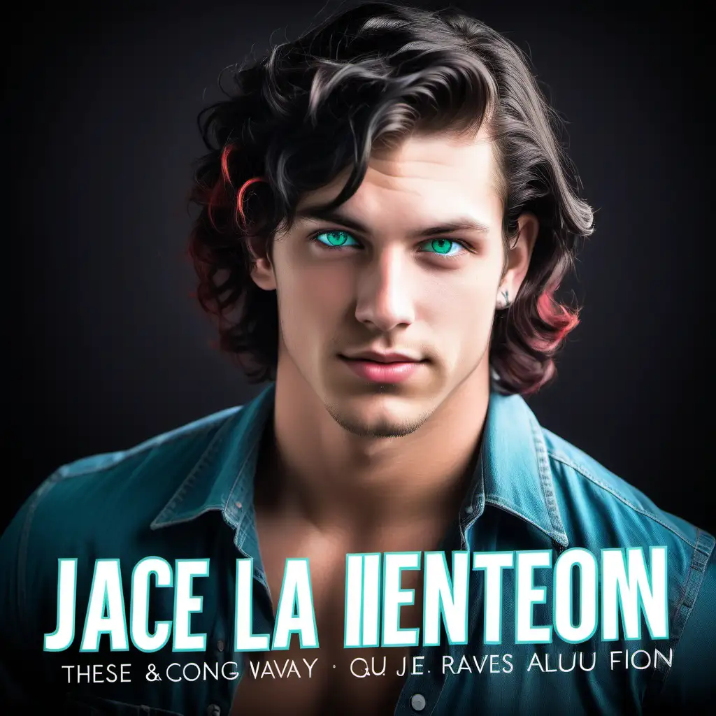 A cover concept for a book about a high school reunion that is also a romance featuring a curvy woman who is in her late 20's with jet black long wavy hair with red highlights, green eyes, small pixie like nose, rockabilly style. The love interest is a male in his late 20'd, short blonde hair, scruff on his face, aqua blue eyes, tall athletic build. Surfer style. There is also a mystery component.