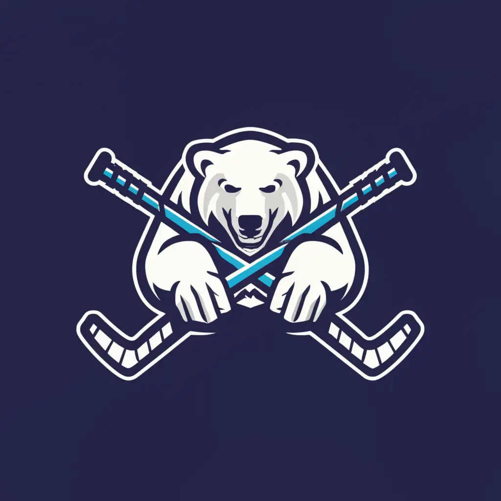 a logo design,with the text "Polar bears", main symbol:polar bear with two crossed ice hockey sticks,Moderate,clear background