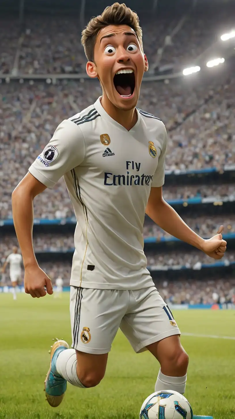 Draw a picture of jude bellingham in a Real Madrid shirt, funy face, celebrating a goal
, 3d Cartoon ,wearing shoes, feet stepping on grass