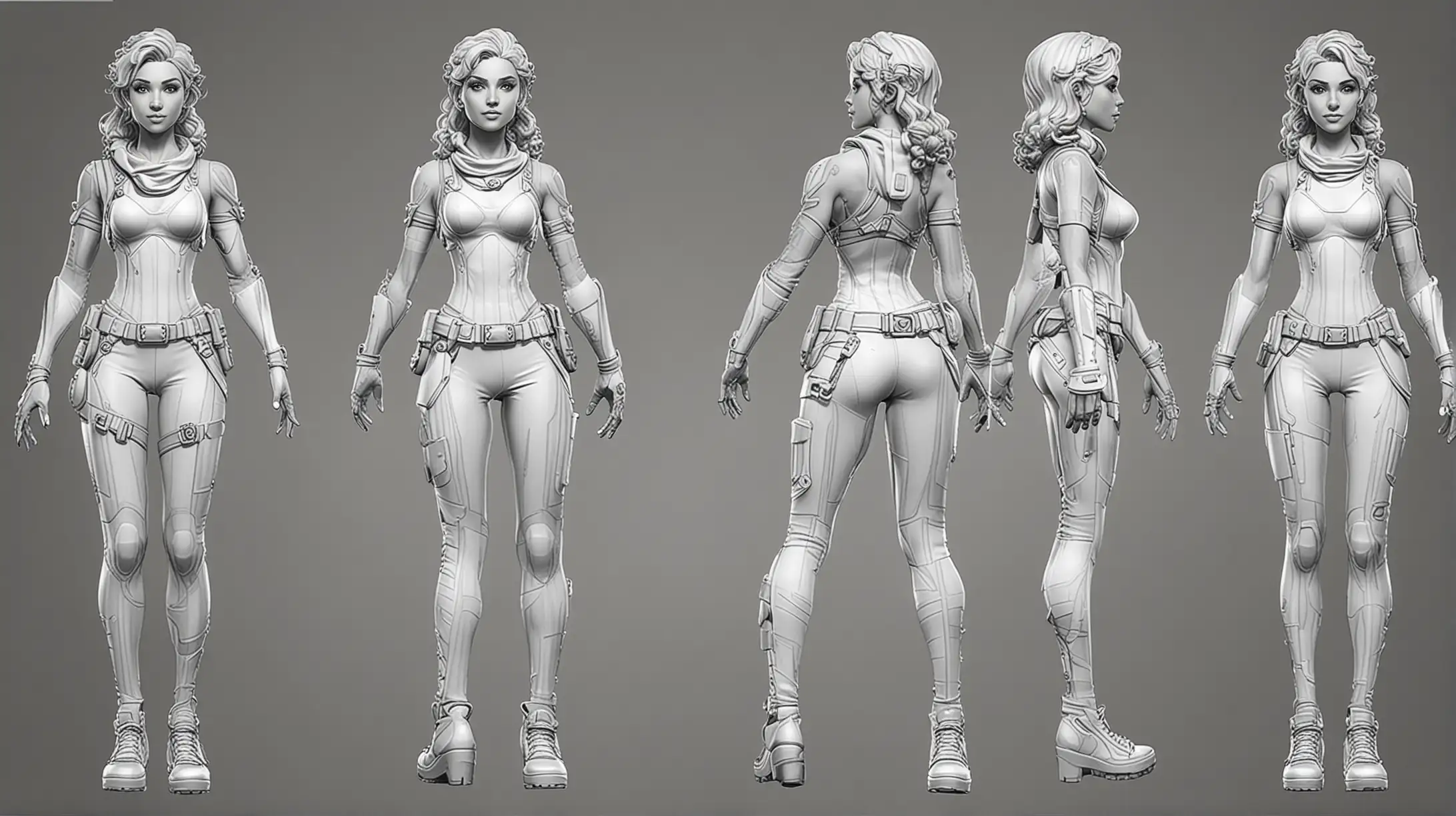 WHITE COLORING PAGES FORTNITE FULL BODY SKINS OF ARTEMIS WITH CURLY HAIR, AND DIFFERENT OUTFITS, SPACED OUT