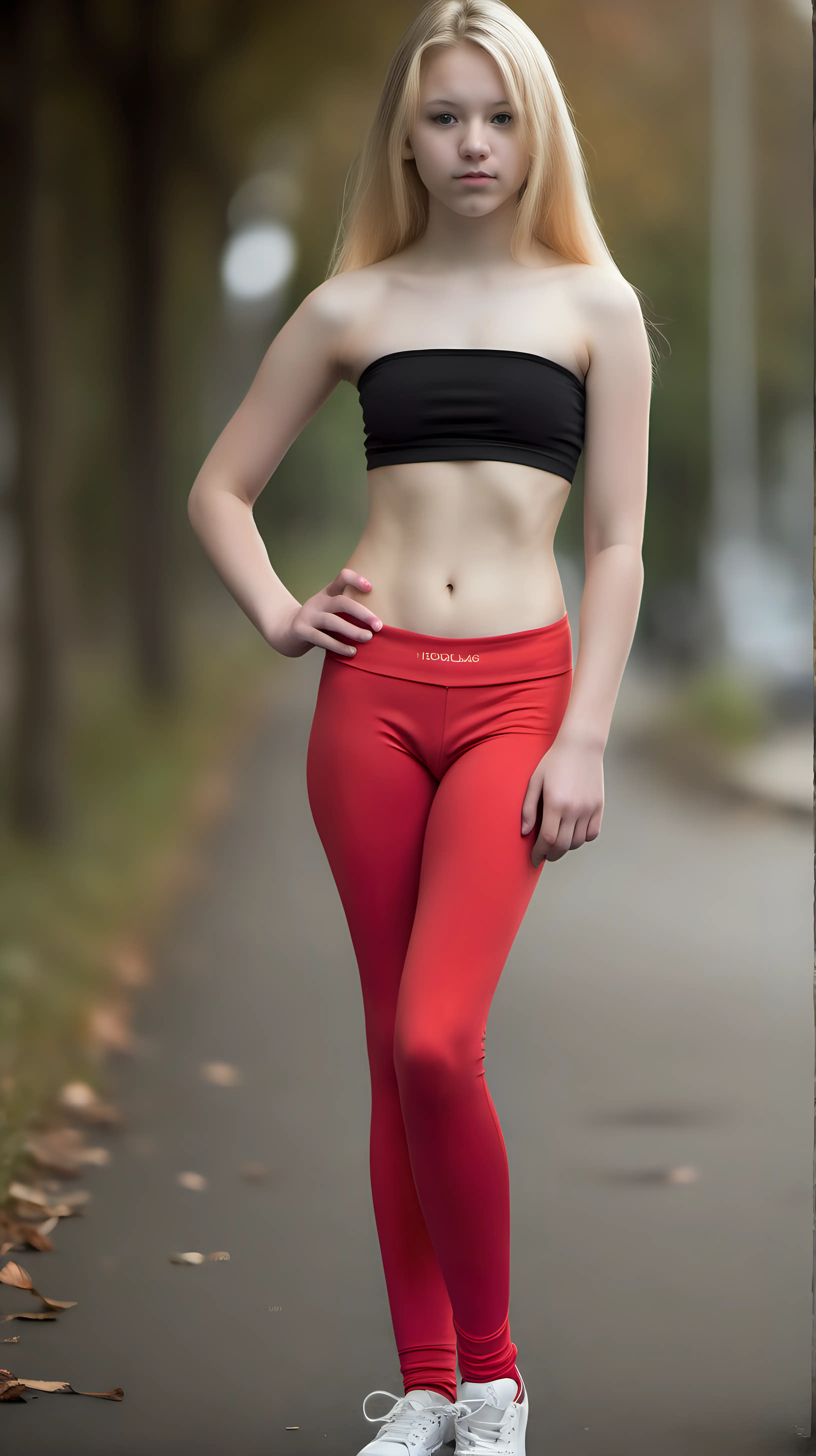 hourglas figure 16yo girl with young face red leggings topless blond hair