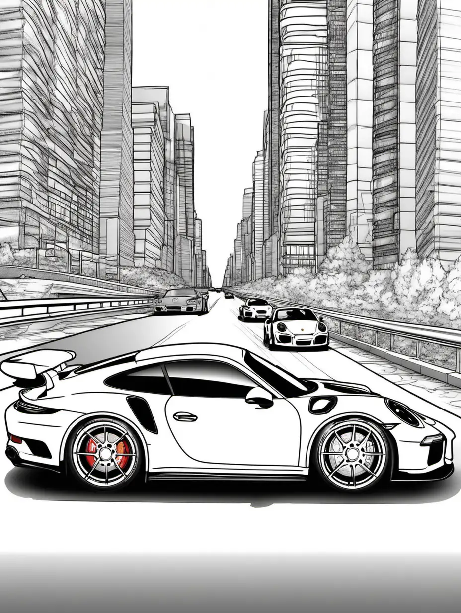 two porsche 911 gt3's driving together coloring page 