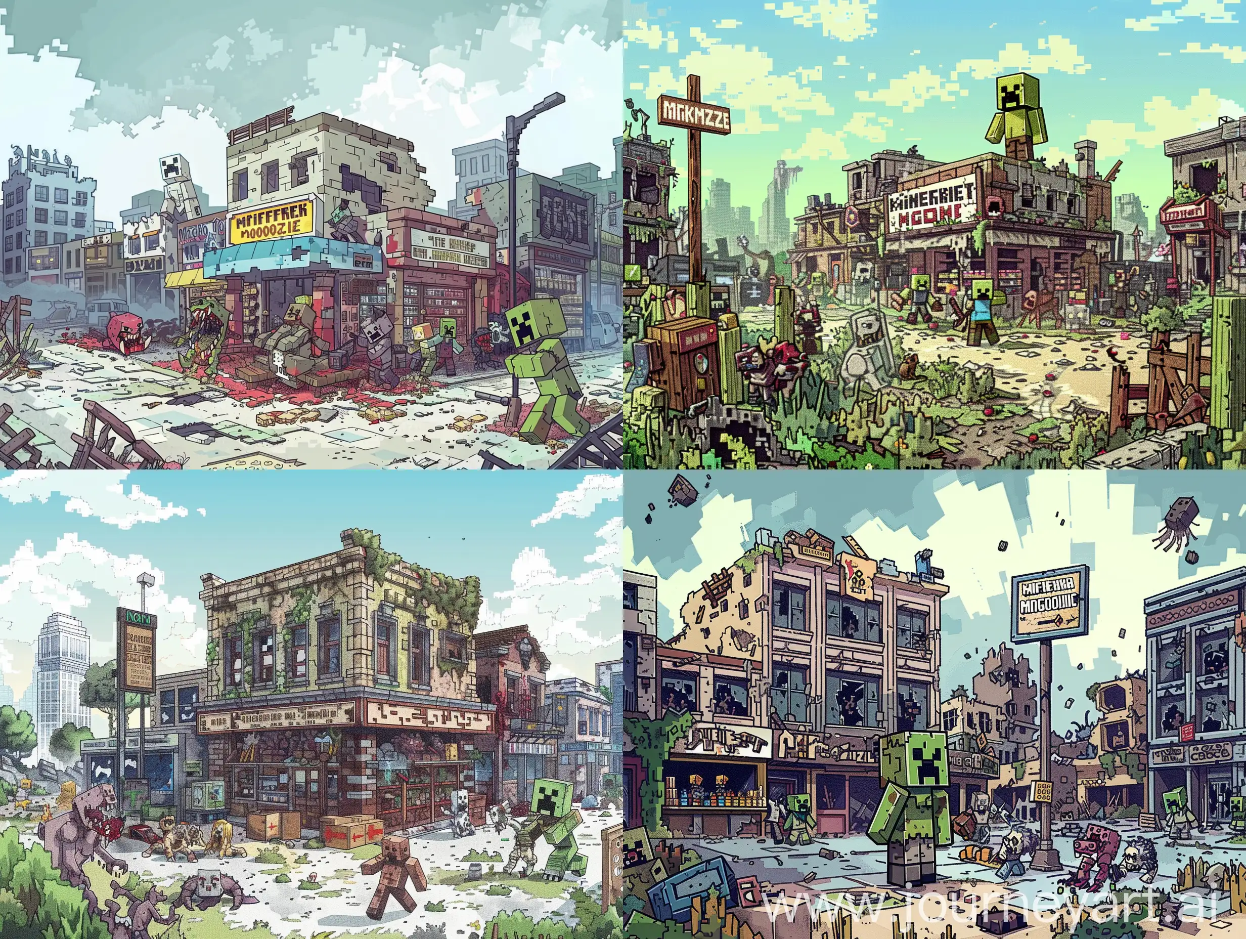 Minecraft-Movie-Graft-Cityscape-with-Store-Survivors-and-Monsters