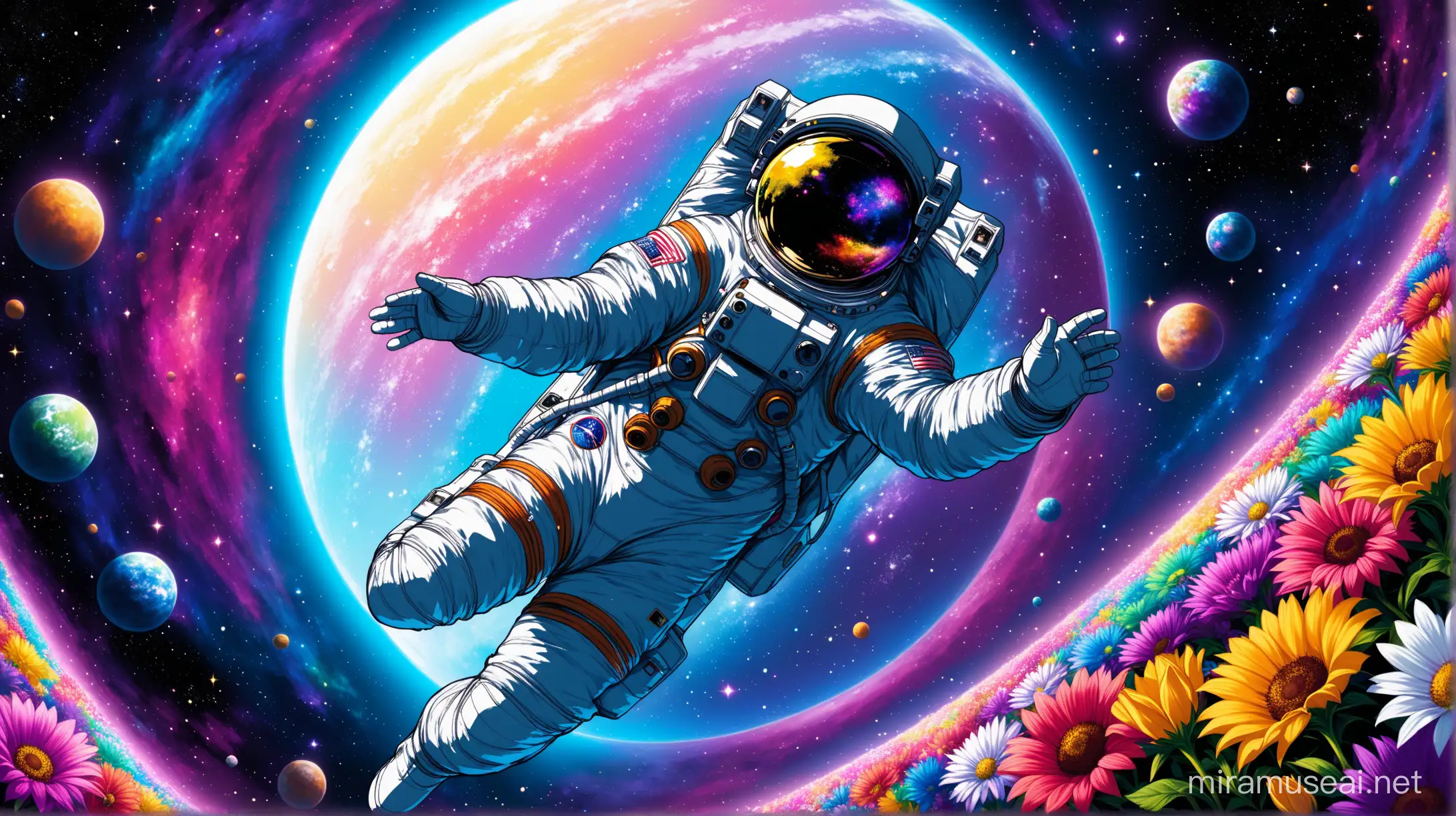 a man in space suit floating in the deep space, with a lot of colors and flowers around him
