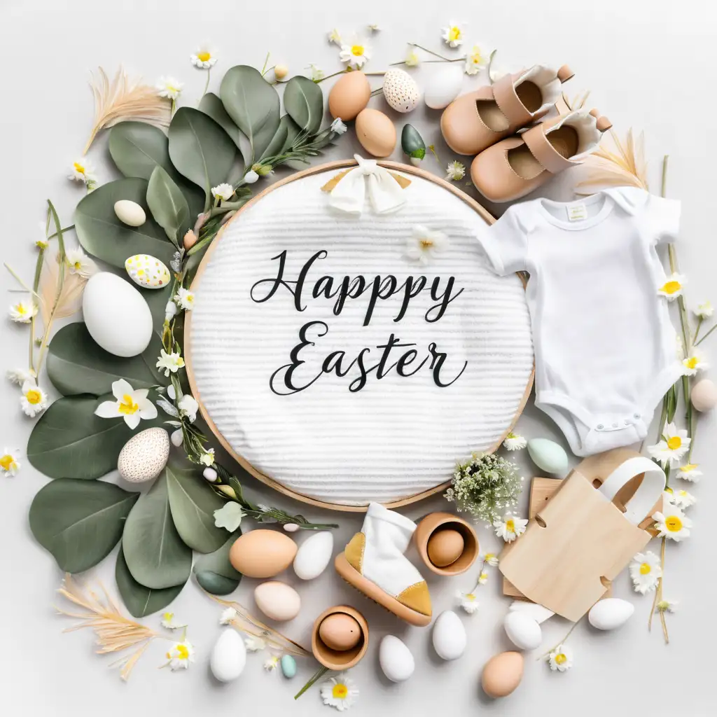 Flat Lay, baby white onesie sitting in an easter flower Wreath, easter eggs, flower foliage, wooden blocks, baby booties, fairy lights, flat lay, neutral colours, isolated on a white background, boho style