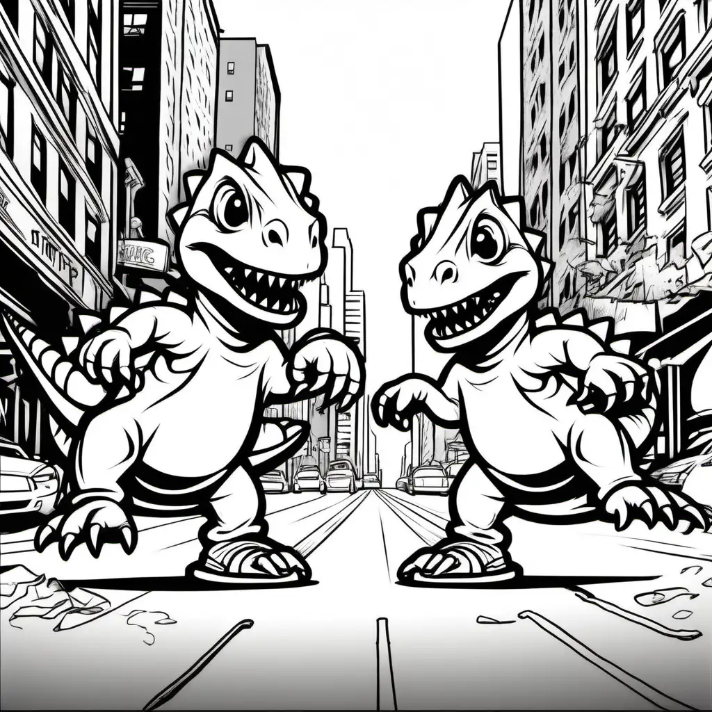 two Baby hip hop dinosaurs break dancing spinning on back on street nyc, dark lines, no shading, coloring pages for children
