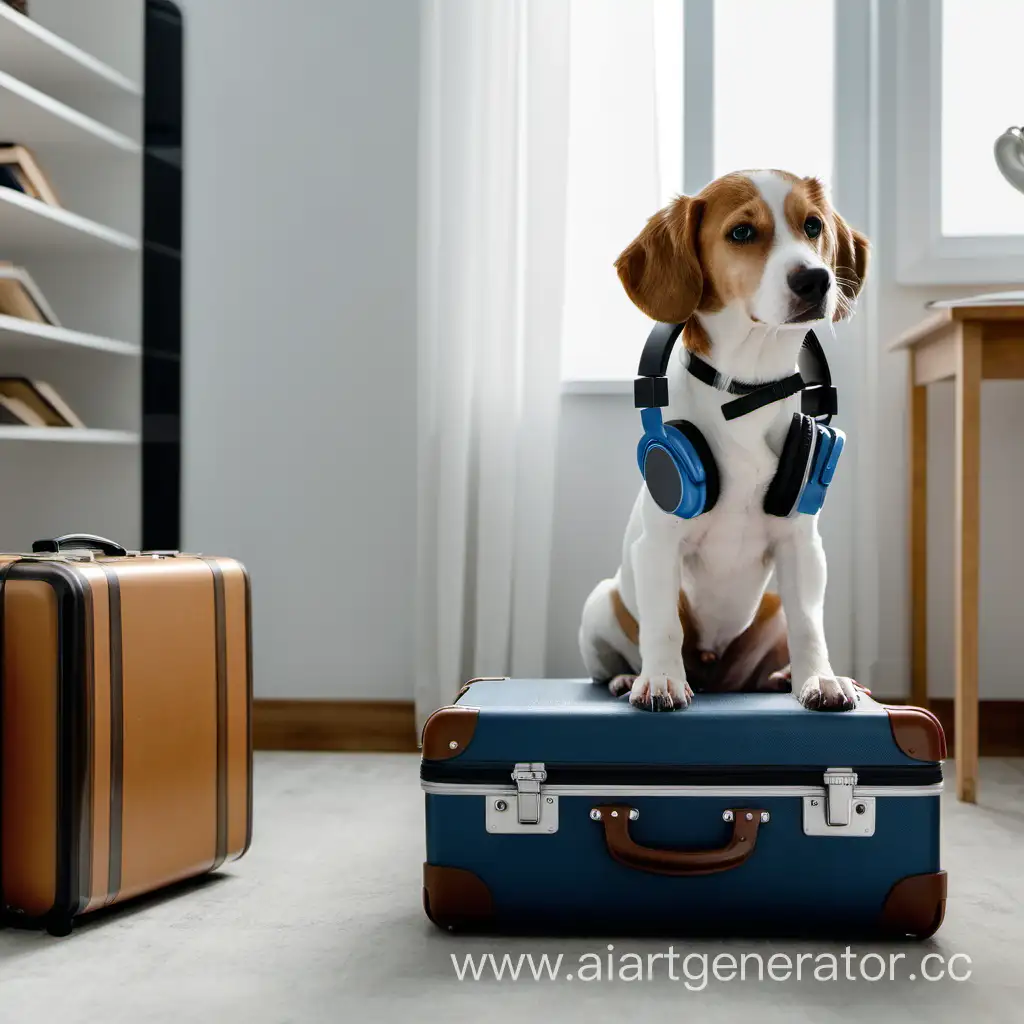 a dog wearing headphones and sitting next to a suitcase in the middle of a room
