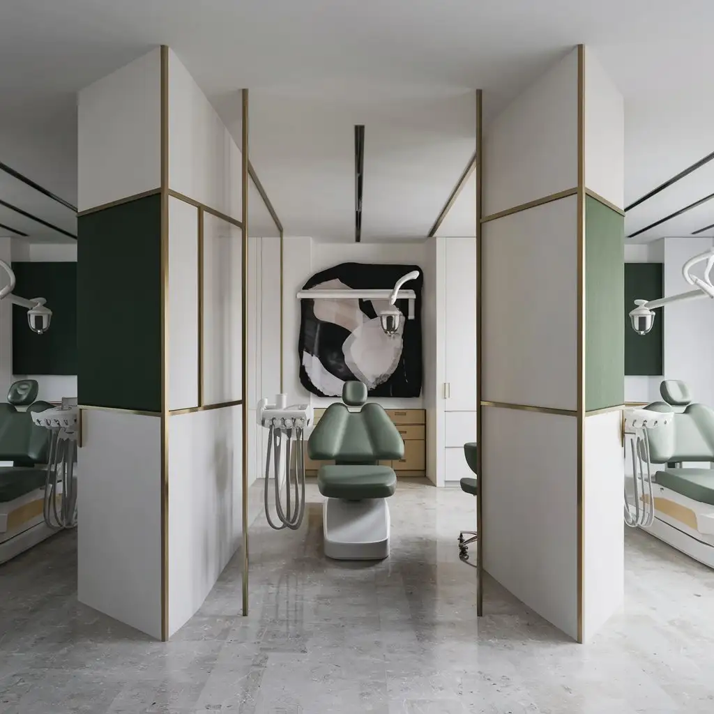 Dental clinic office in minimalist style in white, (green or blue) and beige colors. Adding details in gold and black. looking outrageous and stunning. with matte wall partitions