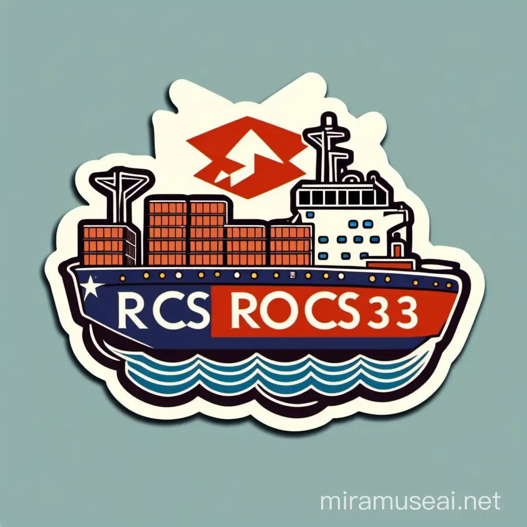 cute small sticker with the text "ROCS 3" on it themed by a logistic company with ships and airplanes