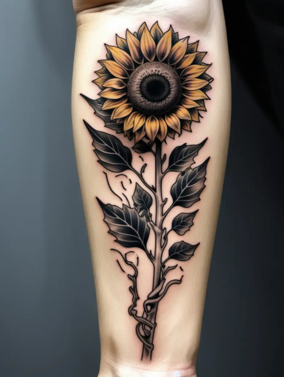 bright vivid sunflower tattoo with a single skeleton hand holding the stem that is slowly dieing with dead leaves falling from the stem