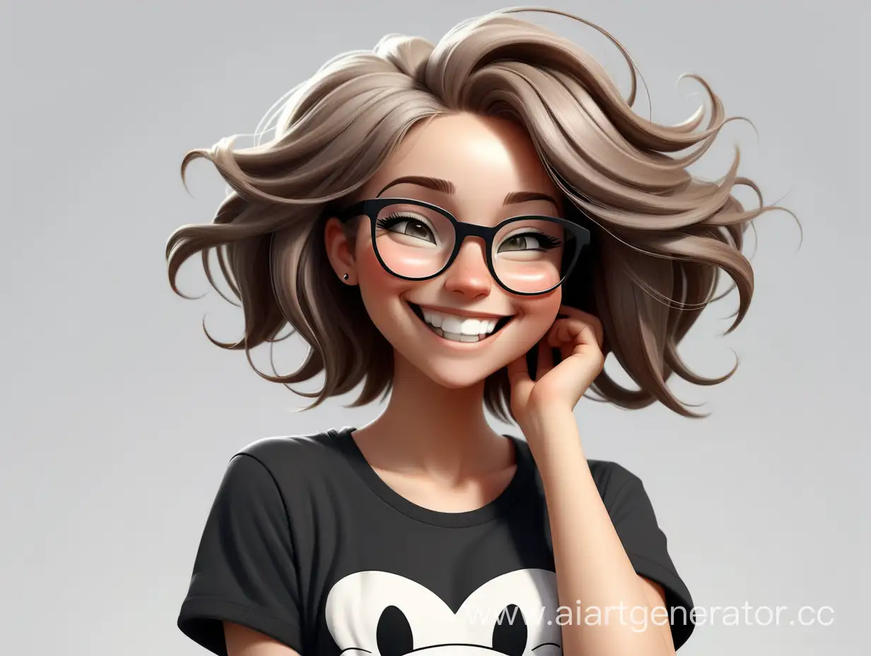 girl, 1 person, ash-colored hair, black T-shirt, fashionable hairstyle, glasses, white background, smile, standing, 8k, realistic, light smile