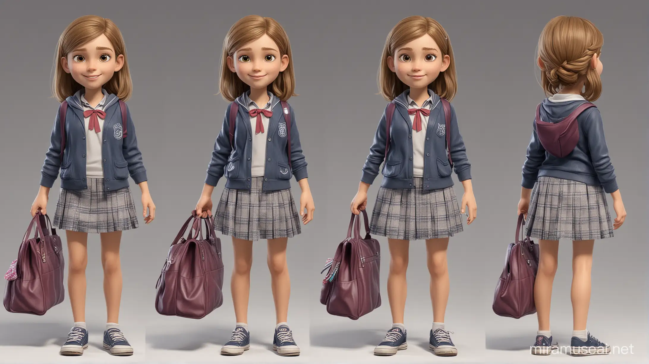 Create a character that is an eight-year-old girl and create an image with her school clothes and bag