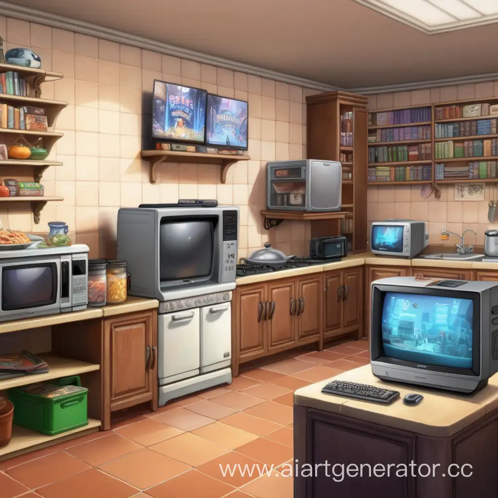 Большая комната, в которой происходит готовка еды, включен плазменный телевизор, рядом с телевизором книги, так же неподалеку есть игровой компьютер
