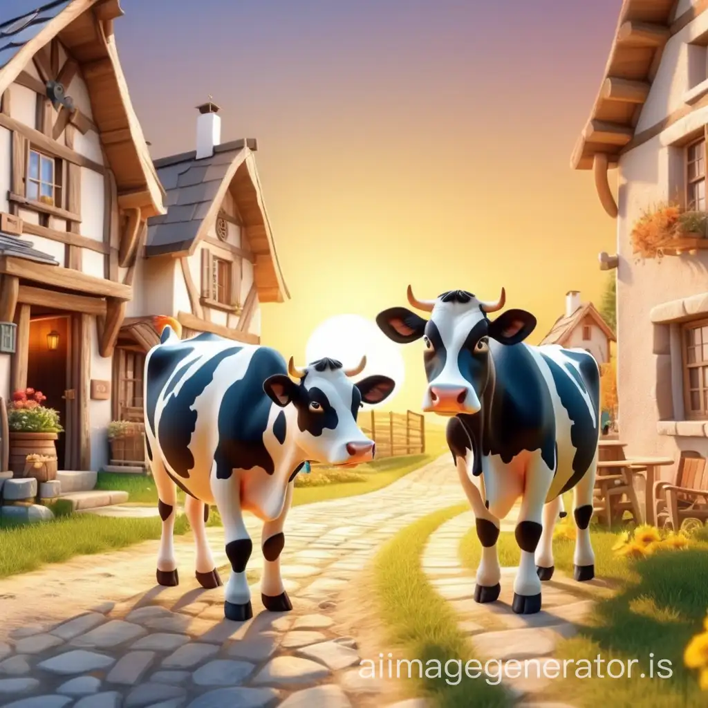 A realistic Two cows are walking through the village. in a cartoonish 3D style. Realistic . Sun rays. sunset cartoonish 3D style