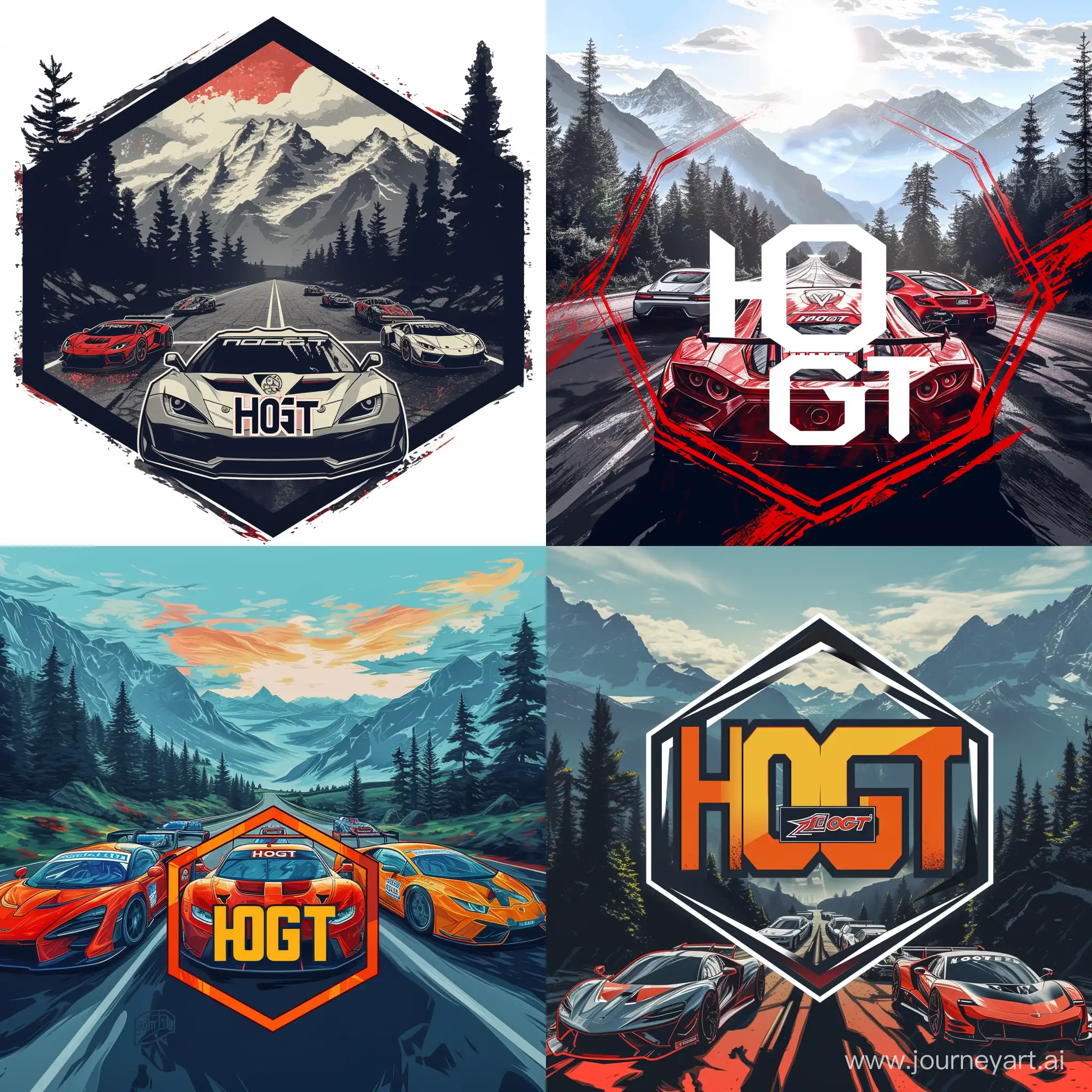 draw style car race logo in octagon shape, some racing cars,
with HoGT tag in the middle, mountains with trees with road in backround