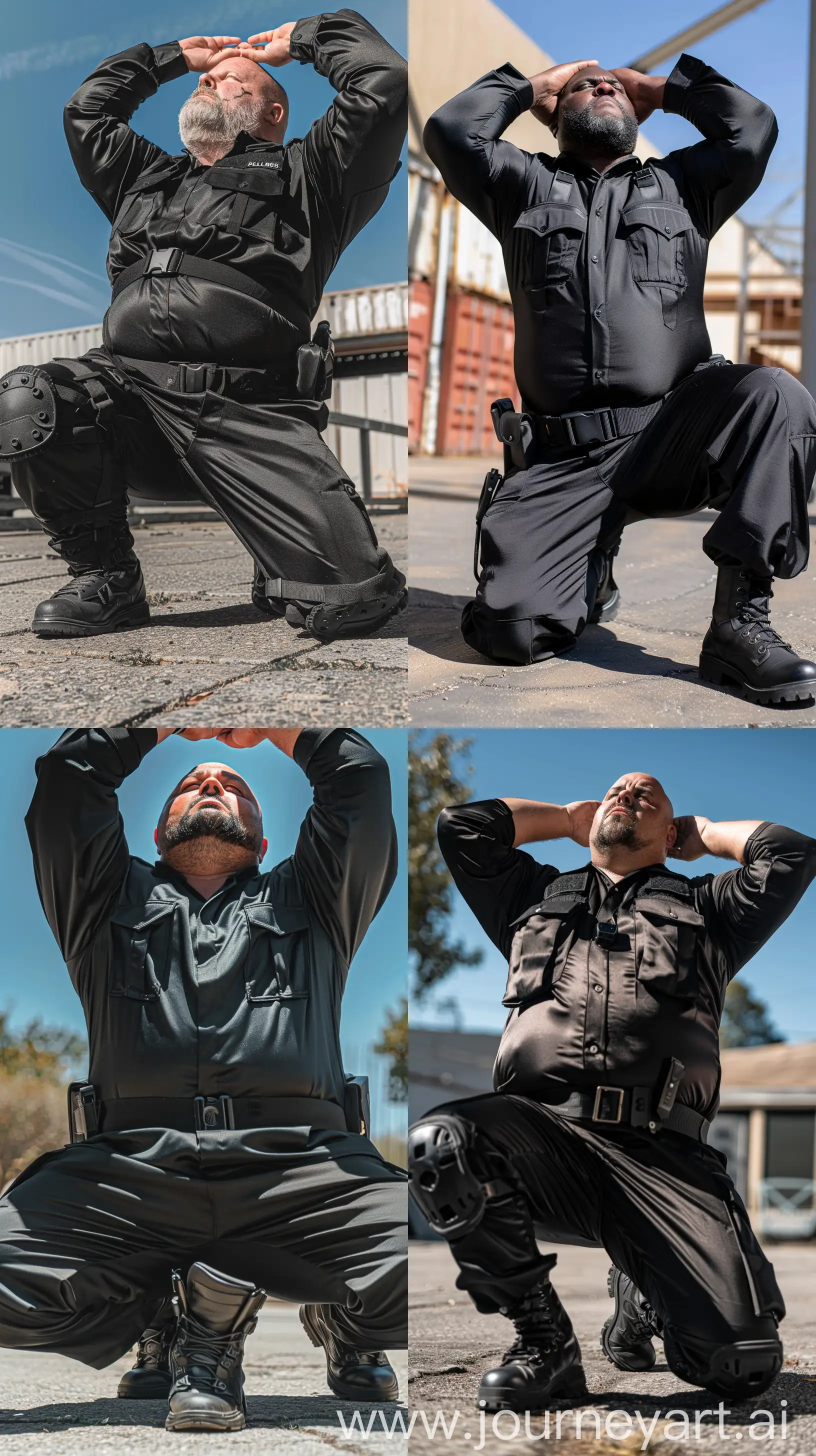Close-up chest-level photo of a serious fat man aged 60 wearing a silk black security guard skinny-fitted full jumpsuit tucked in black tactical boots. Black tactical belt. Outside. On his knees looking at the sky, hands behind his head. Bald. Clean Shaven. Natural light. --style raw --ar 9:16