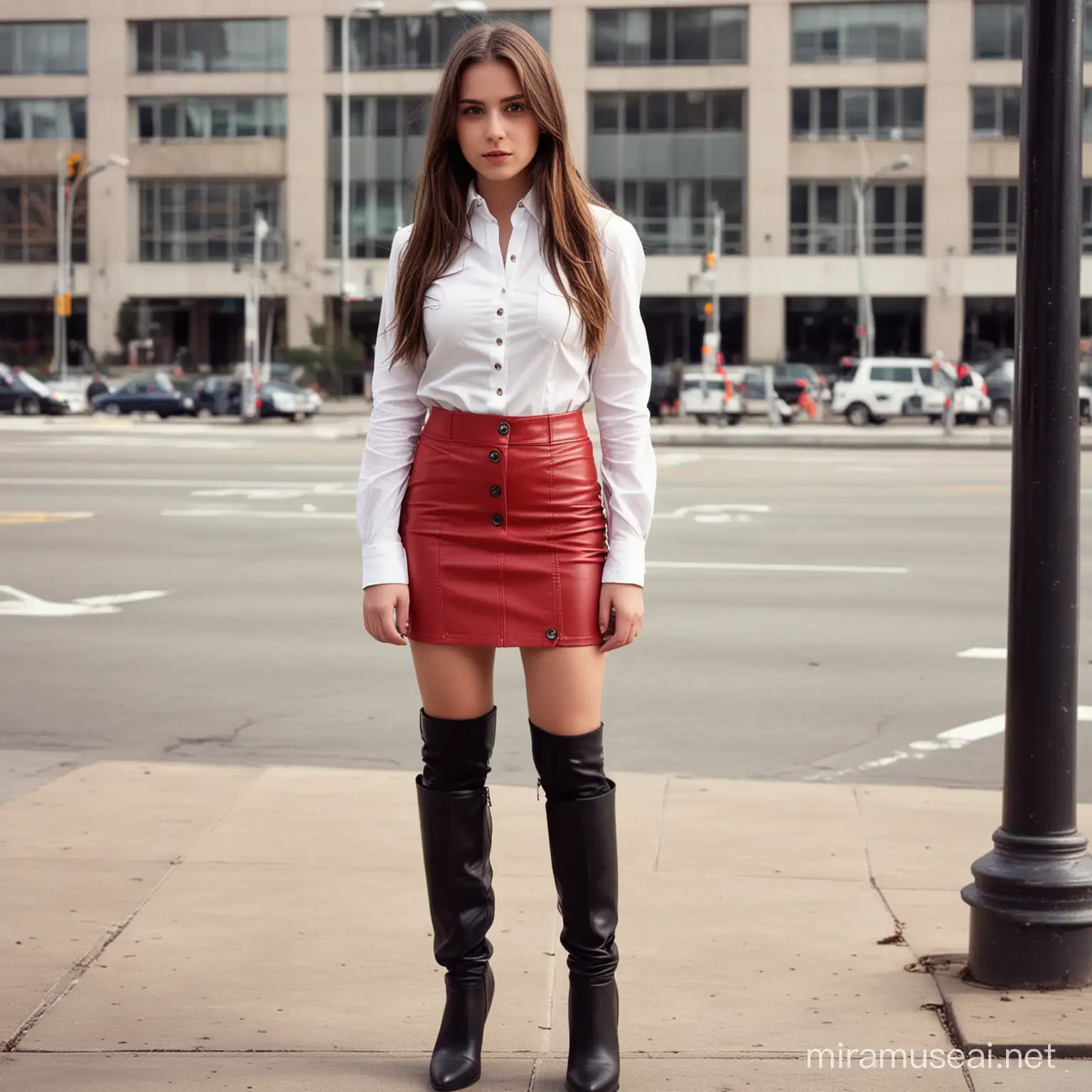 14 year old girl leather knee length red leather pencil skirt.  Black knee high stiletto boots, white button front long sleeve shirt,  mega city background, brunette, 95 pounds, 