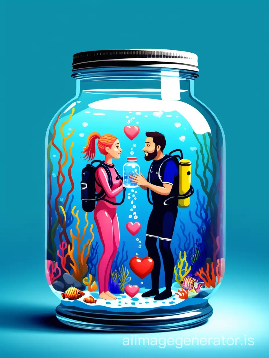 A man and a woman scuba divers in a jar full of water. The jar looks like an aquarium with artefacts and charming little hearts in it. Realistic style. Bright colours.