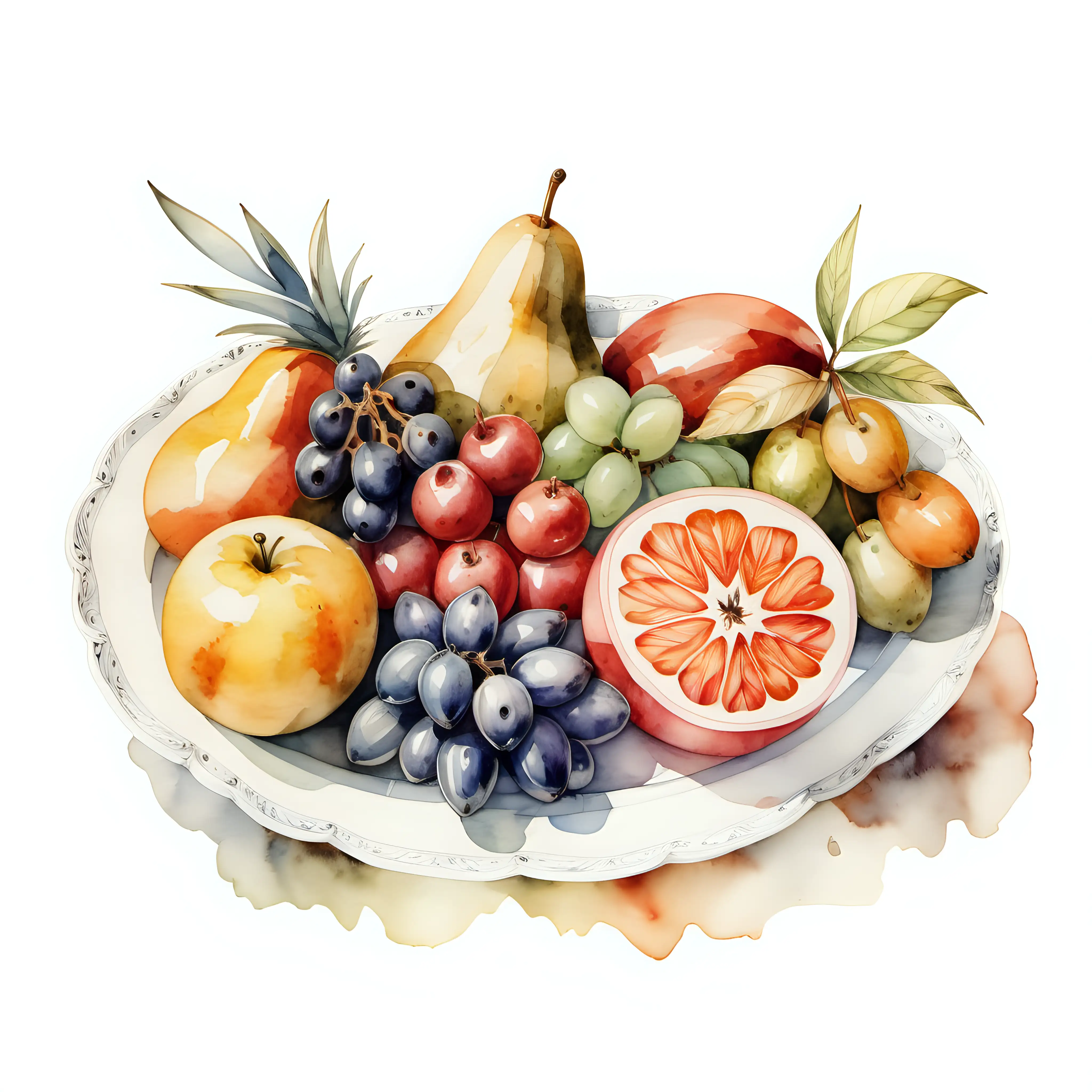 Vintage style watercolour Mediterranean fruit platter on plain white background