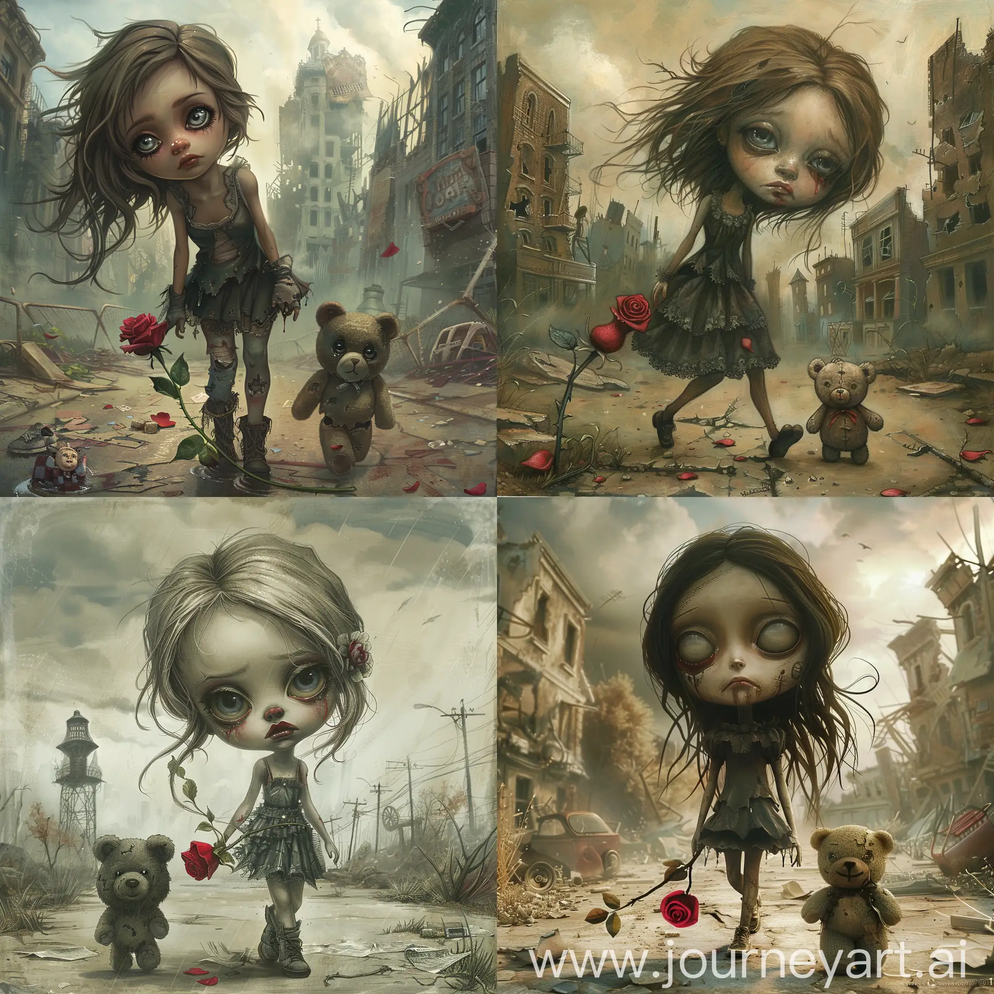 A beautiful girl with sad eyes. Tim Burton style. She is walking through dystopian , post apocalyptic, abandoned America and carrying a red rose. A small sad teddy bear is walking along beside her.