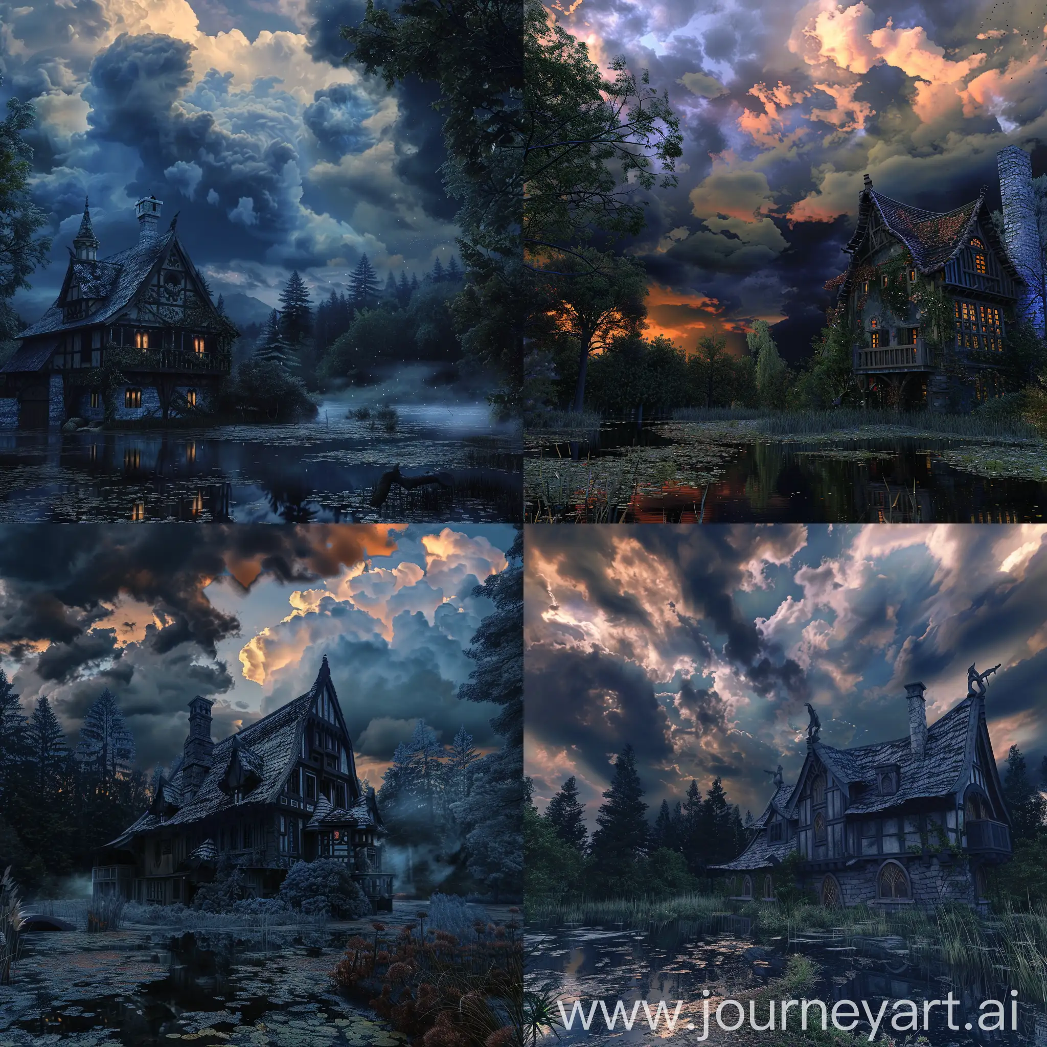 Medievalstyle-House-by-Swamp-Enchanted-Forest-Night-Scene
