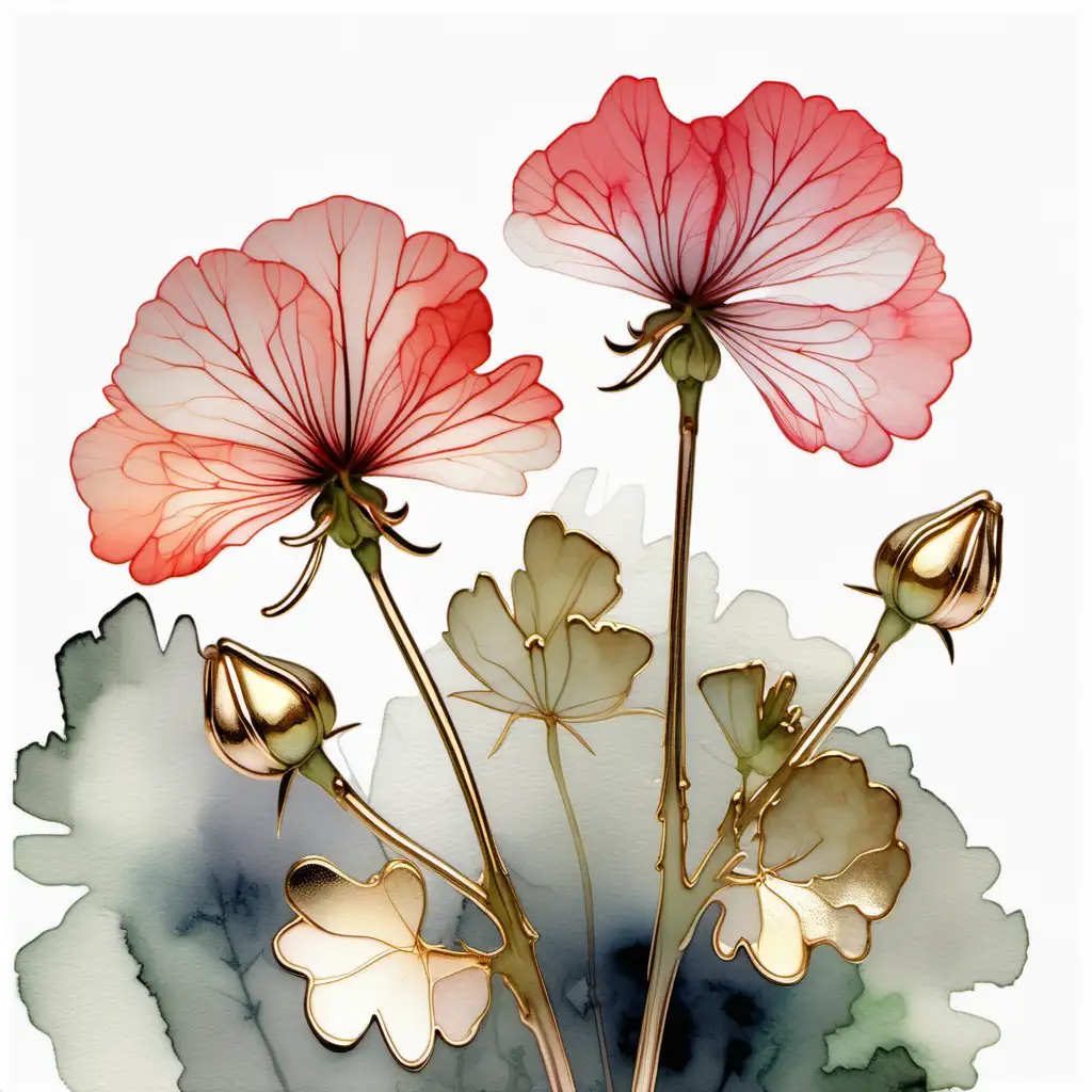 Delicate geranium buds, magnificent, muted watercolor and alcohol ink with gold accents., poster, painting, illustrationv0.2