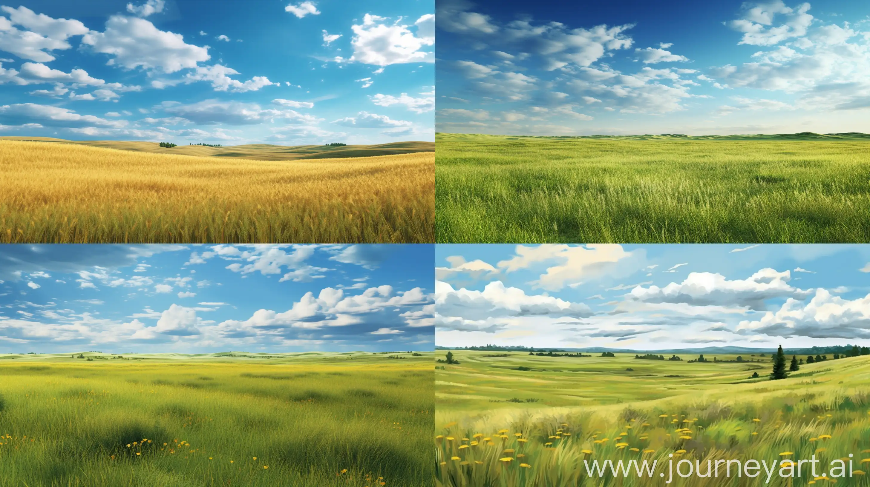 a view of grassy plains against sky, in the style of hyperrealistic rendering, vibrant colorscape, high resolution, precisionist, curvilinear, traditional, spatial --ar 16:9 --style raw --v 5.1