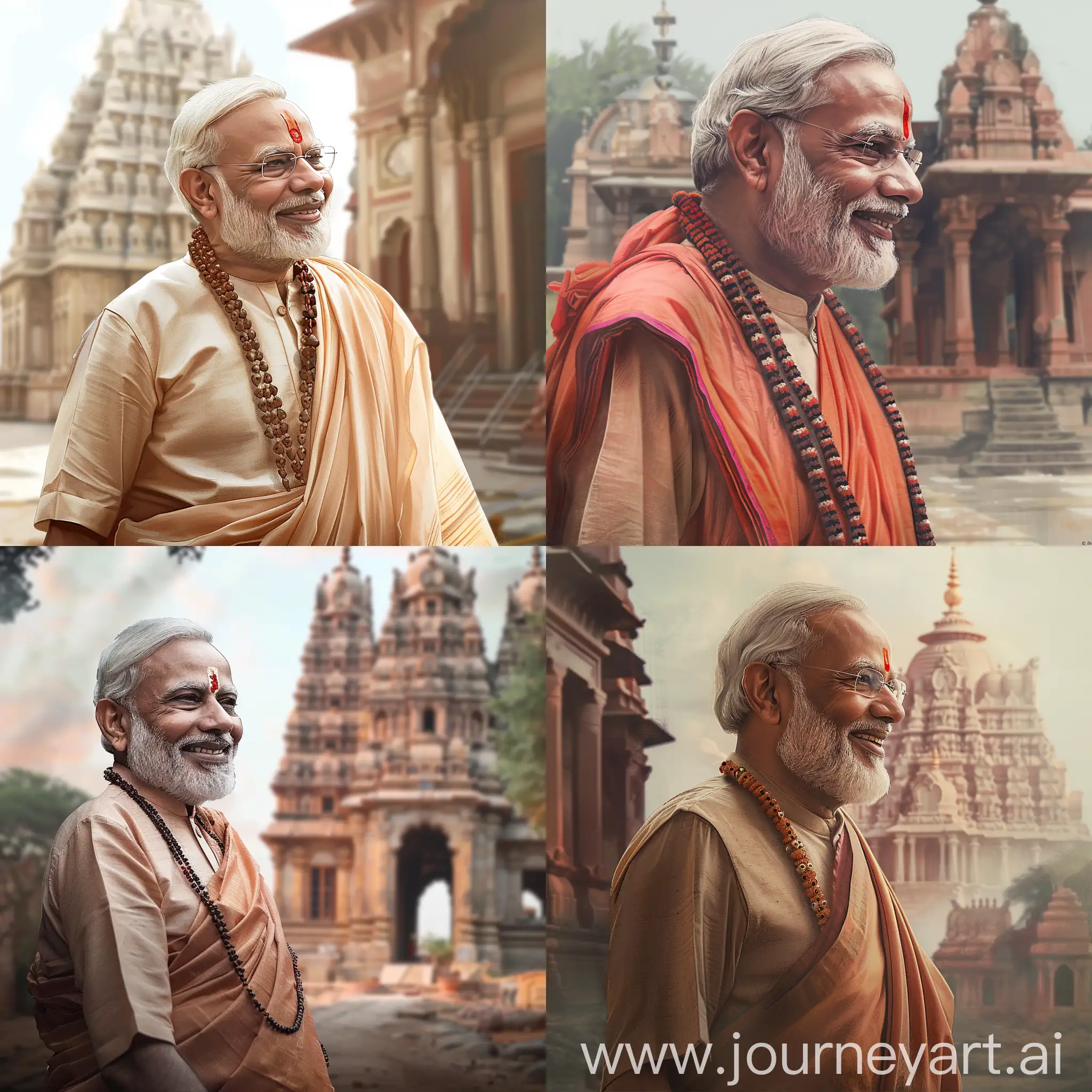 Generate an image of Narendra Modi smiling slightly in a simple Hindu attire like a dhoti and kurta, looking like a saint with sightly longer beard and rudraksh beads. The image must be in a side profile upto the torso. A temple must be in the background. 