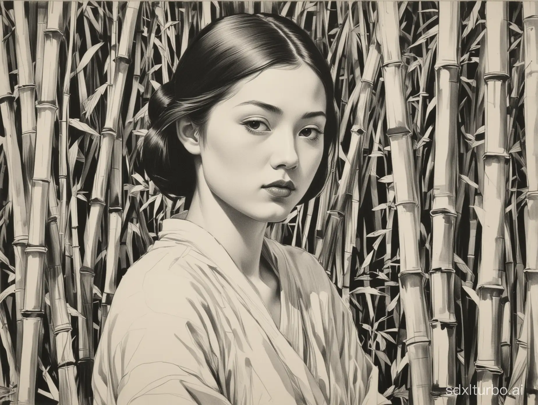 a simple drawing of a girl in bamboo forests simple black and white woodcut, japanese, painted by ernest procter, david hockney, tamara de lempicka, sonia delaunay, artemisia gentileschi