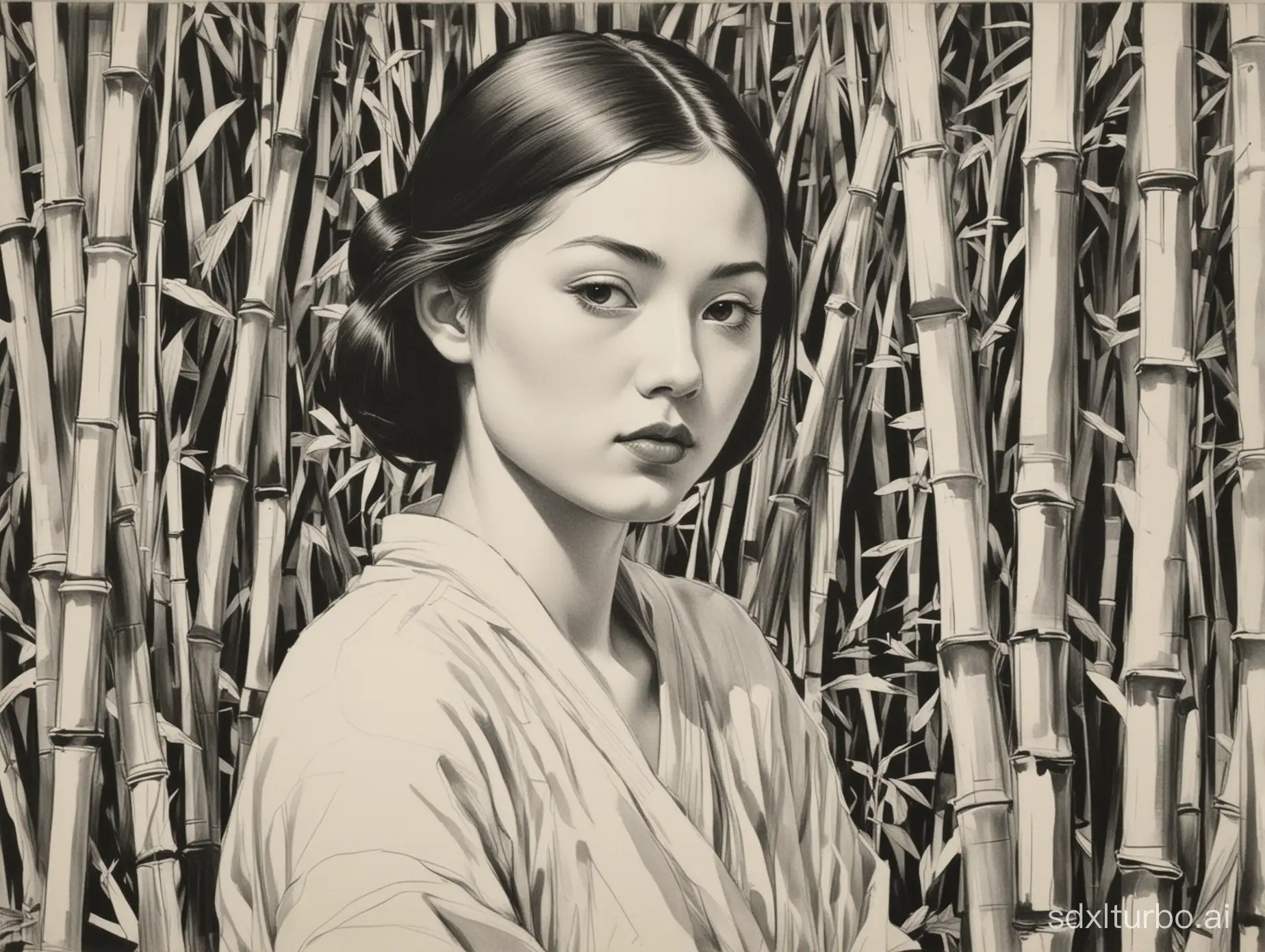 Girl in Bamboo Forest Japanese Woodcut Inspired Drawing | SDXL Free Online