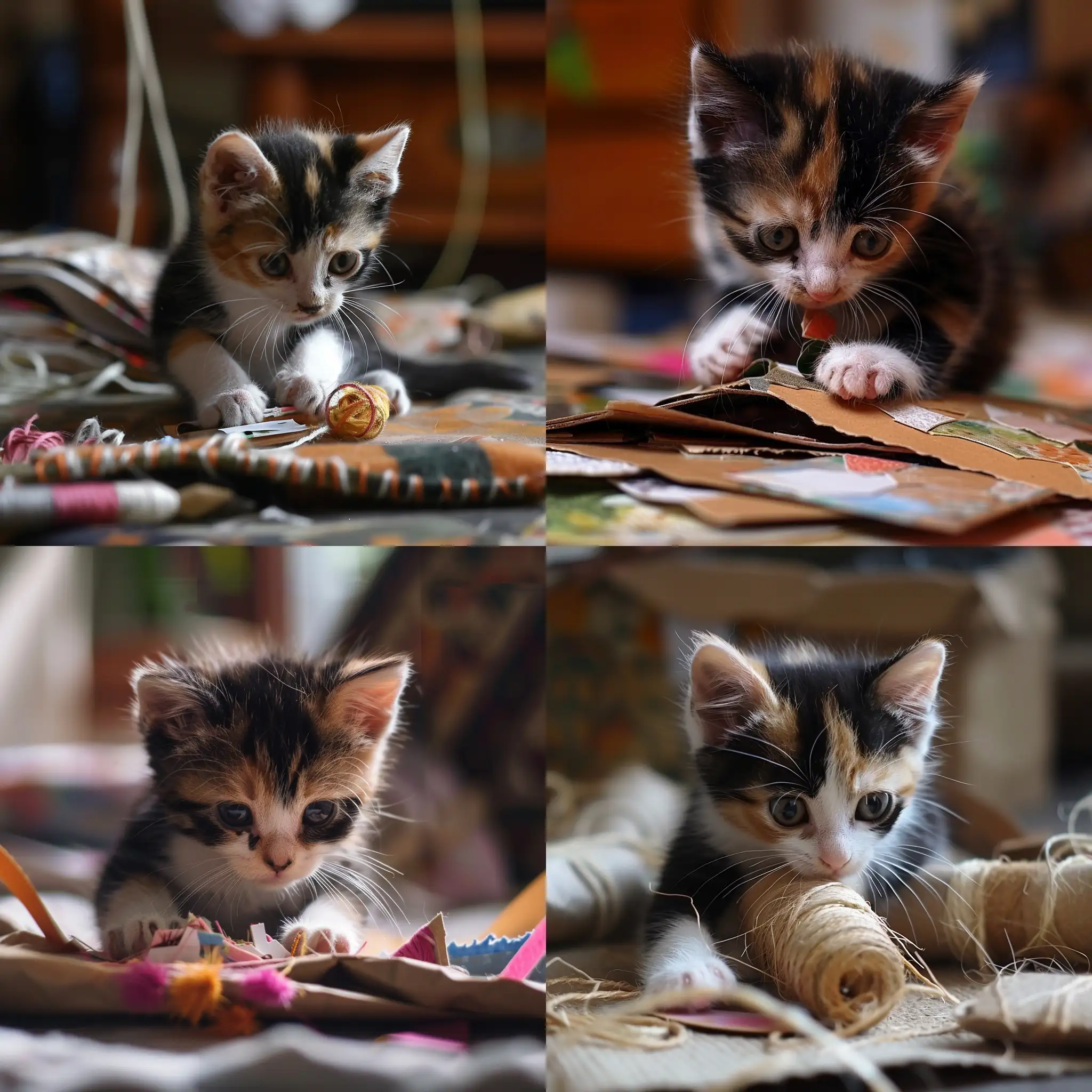 Calico-Kitten-Crafting-Adorable-Feline-Engaged-in-Creative-Project