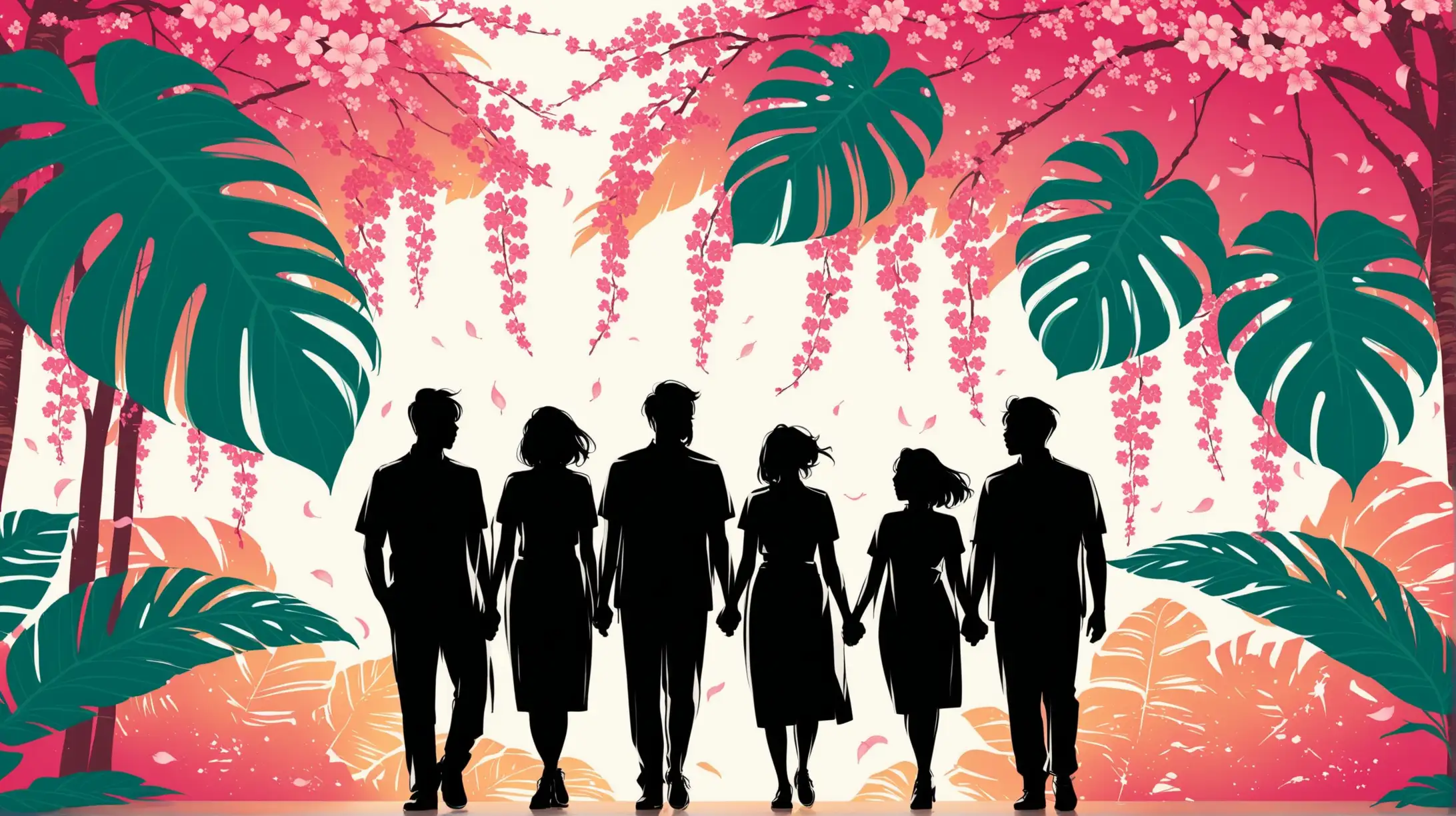 Create an image with Asian Americans men and women islander silhouettes, celebrating with a backdrop of monstera plants and cherry blossoms. There shouldn't be too much detail but should have vibrant colors. 