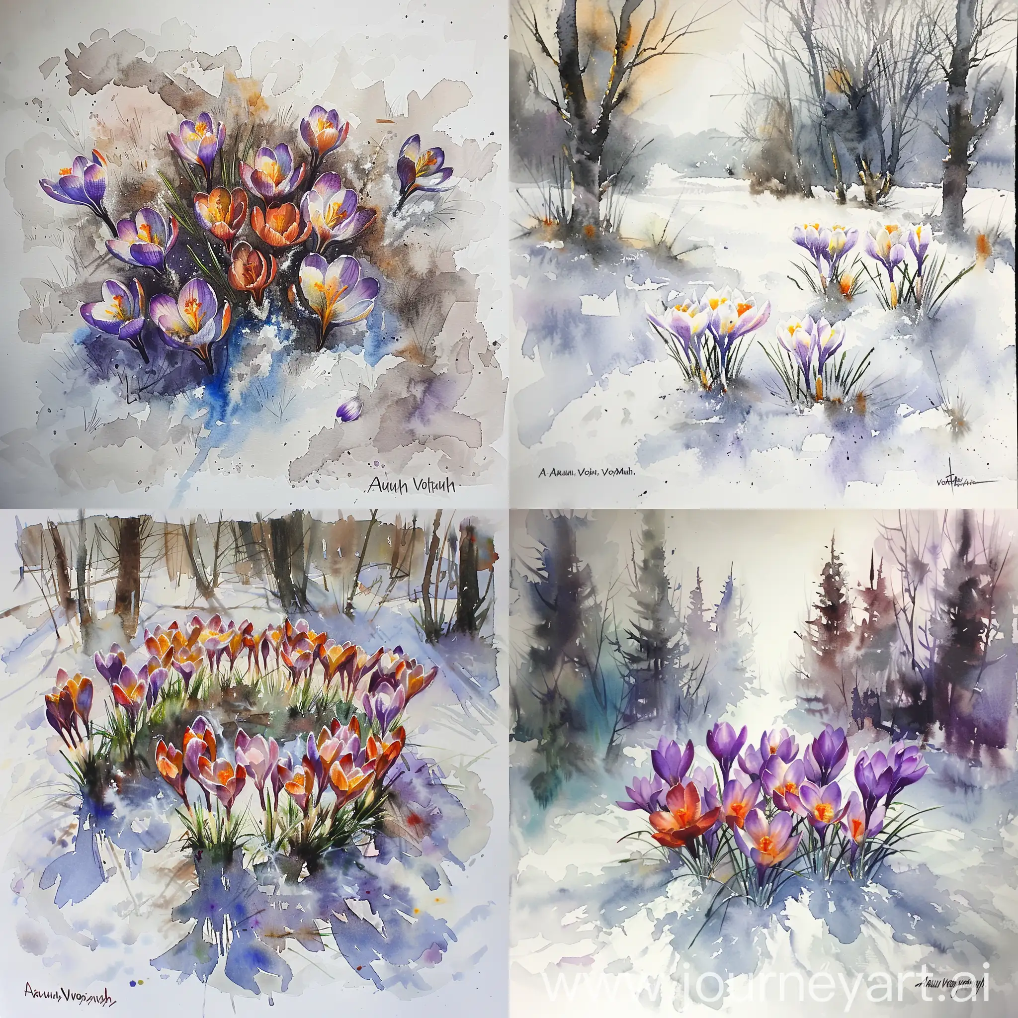 Vibrant-Crocuses-in-Snow-Arush-Votsmushs-Lively-Watercolor-Masterpiece
