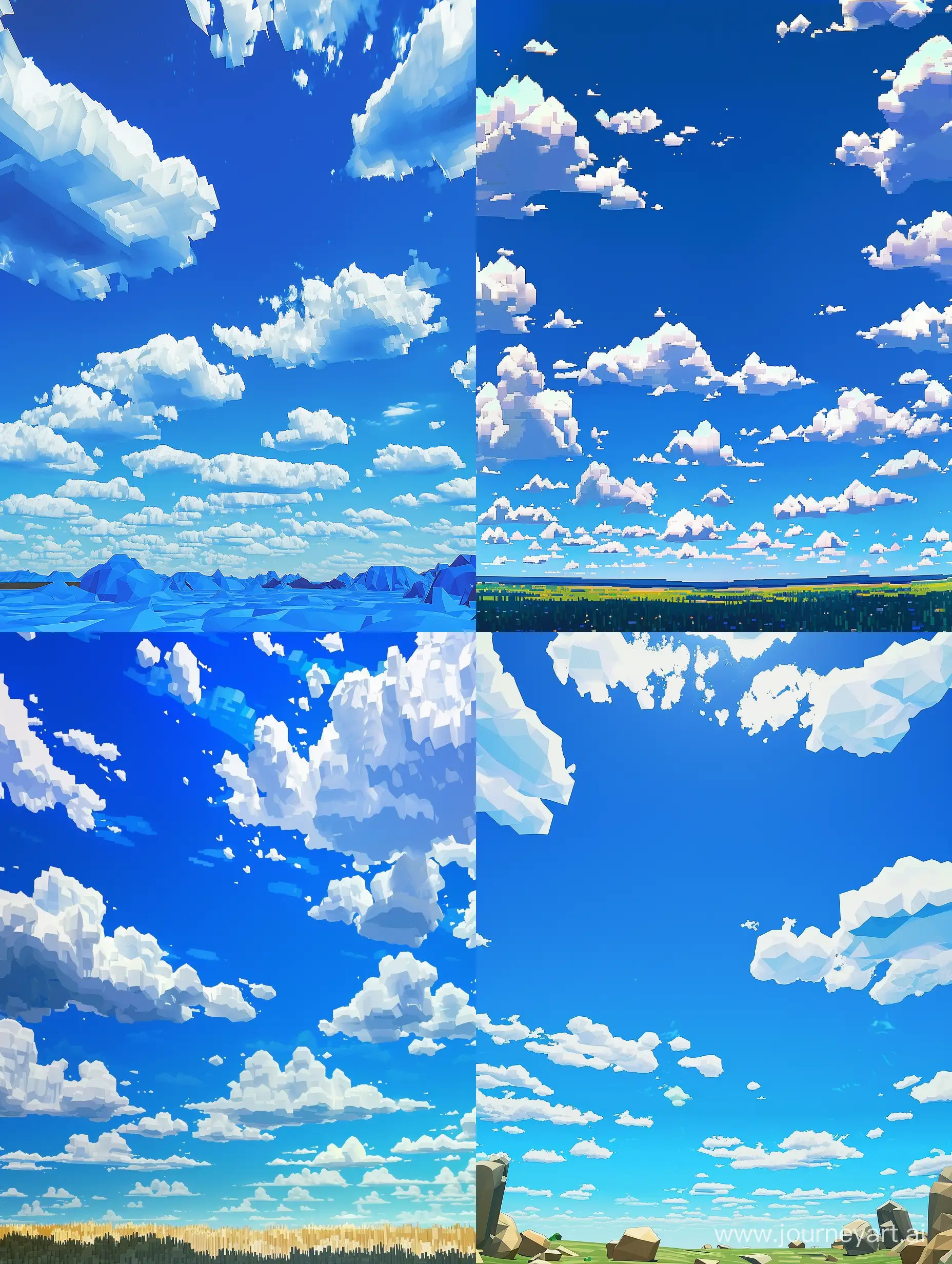 2000s videogame blue sky with white clouds landscape scene, nostalgia, daytime, bright, low poly, computer graphics, digital glitch, nintendo 64 graphics