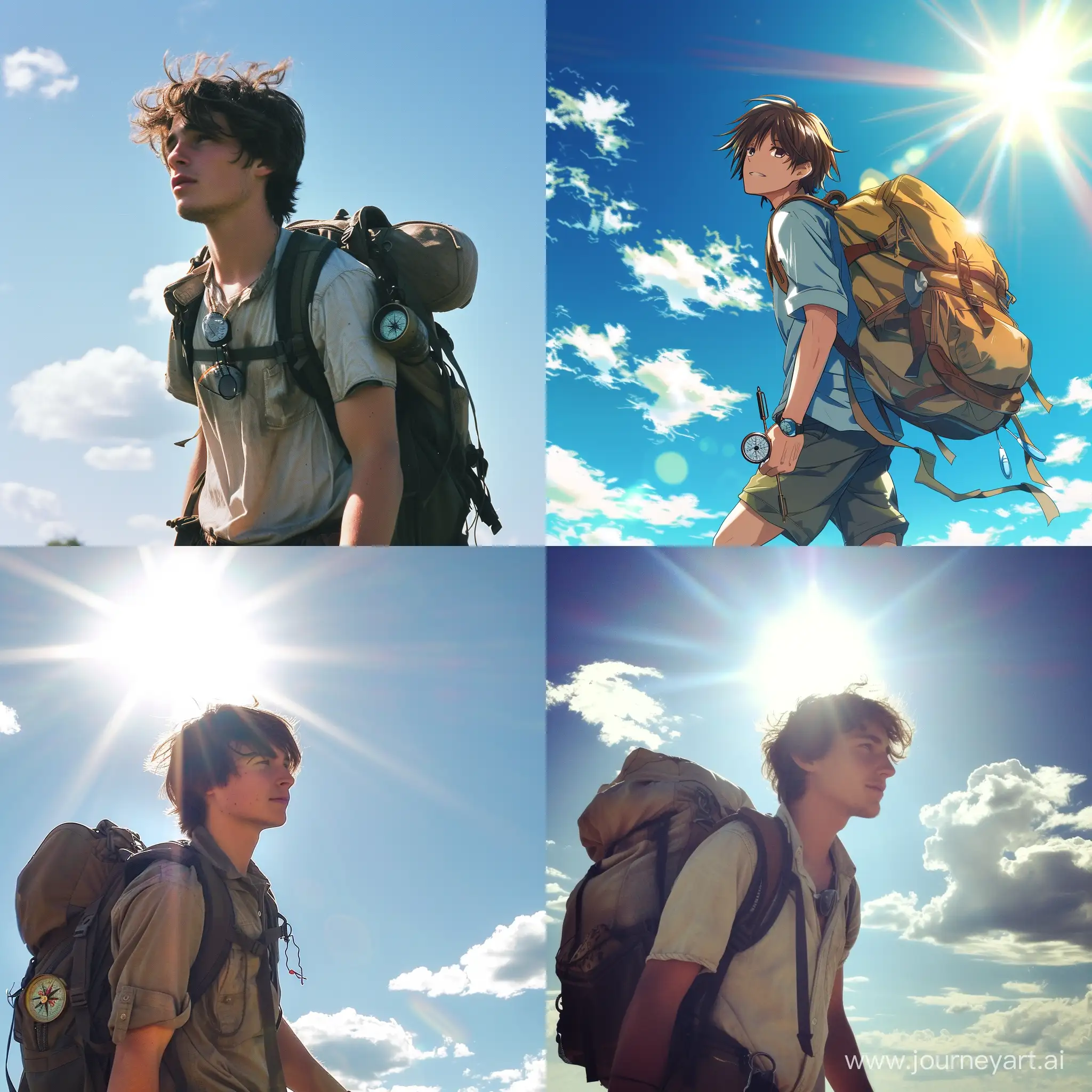 Молодой человек с рюкзаком за плечами упорно идёт по компасу на солнечный юг. 