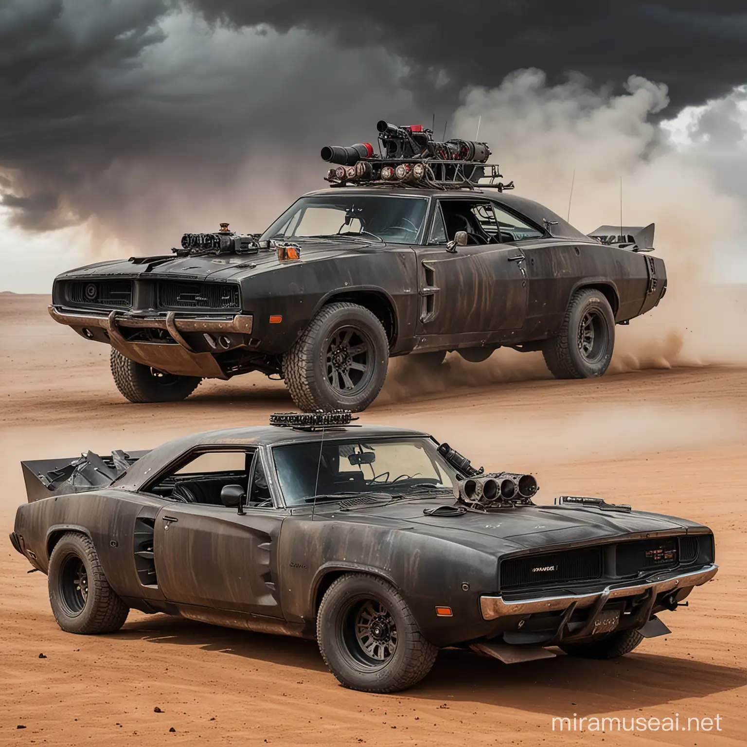 Mad Max Apocalypse Style Dodge Charger Racing Through Desolate Wasteland
