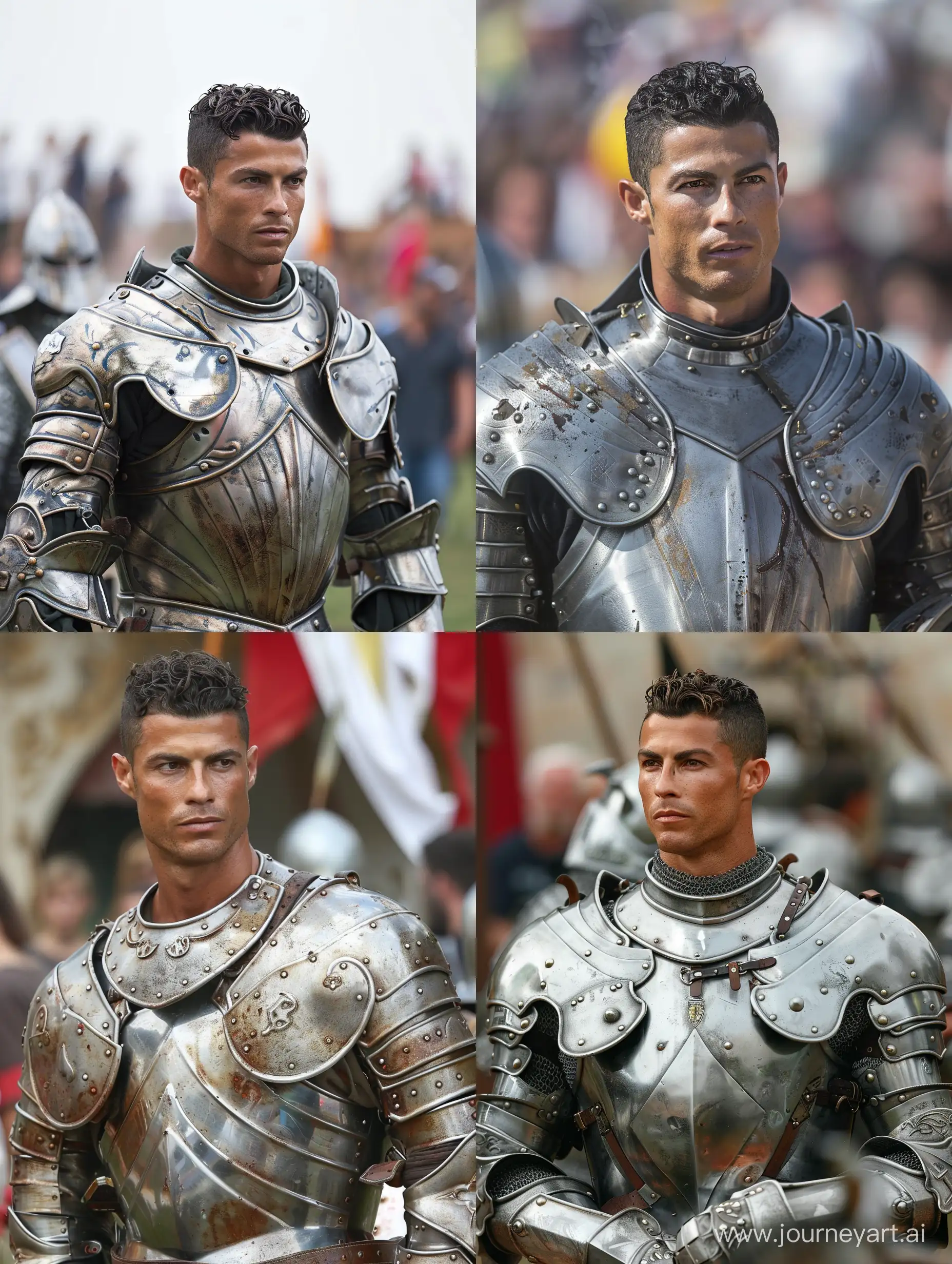Cristiano Ronaldo participating in a medieval reenactment festival, dressed in full armor