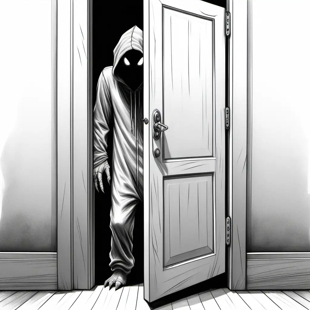simple black and white drawing of teen lurking behind door in creature costume 
