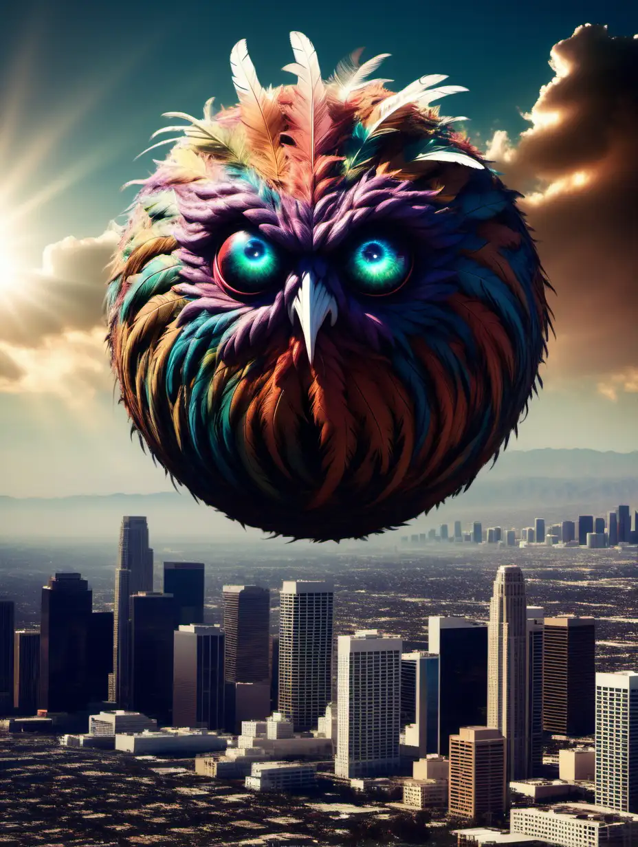 A very realistic photo of An enormous ball like angelic monster with many different size and color eyes and feathers all over its body floating high in the sky above a Los Angeles skyline. SciFi. Dramatic lighting. Distant perspective. Highly detailed. 