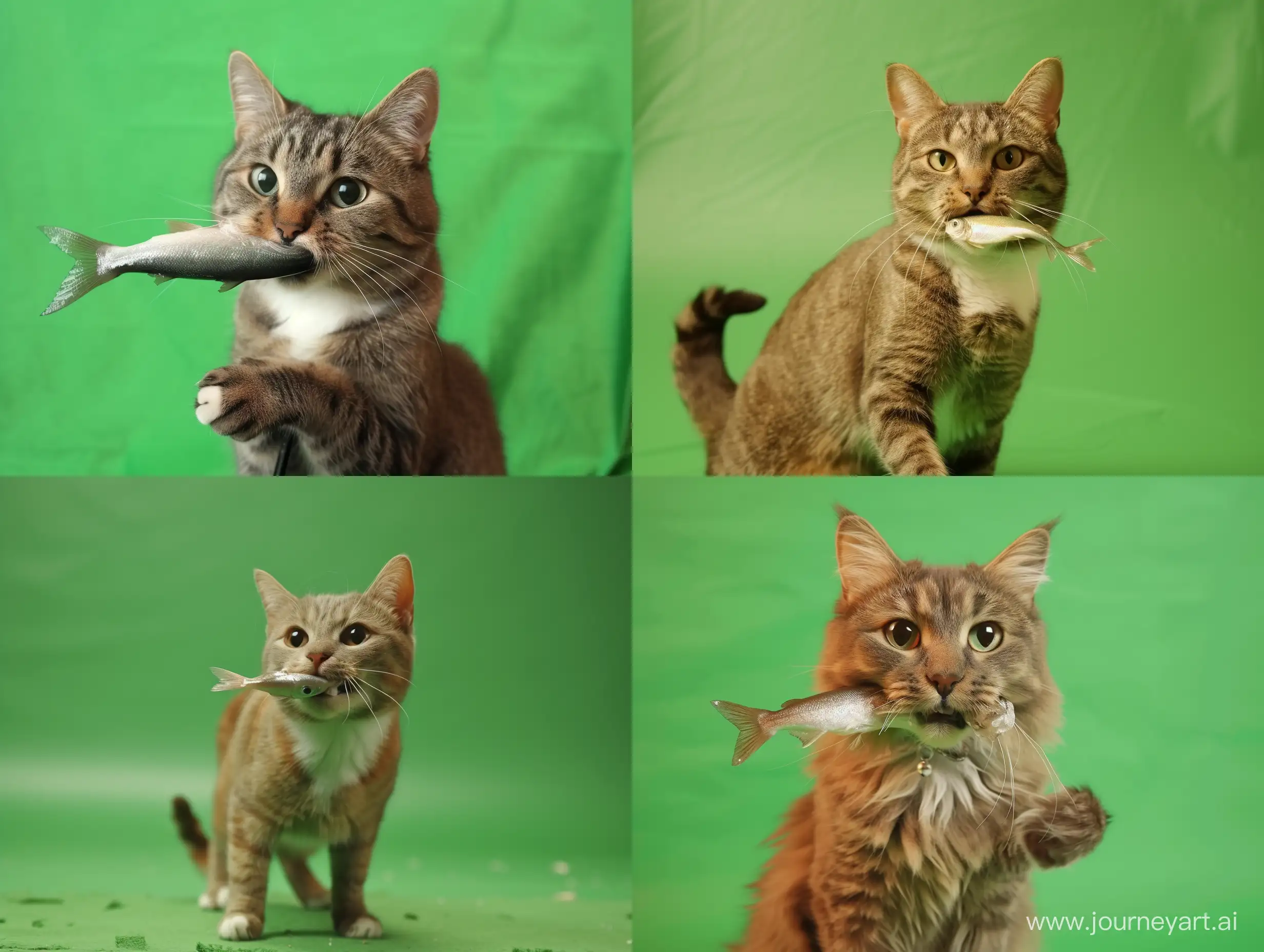 Playful-Cat-Holding-a-Fish-on-Green-Screen