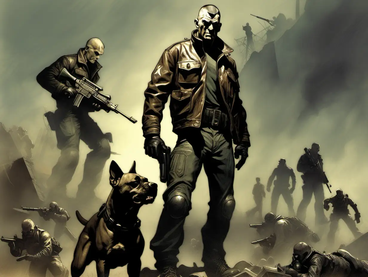 fallout, apocalypse, Frank Frazetta,  2d Digital Art, character art, Anzac, wasteland, Tall and imposing stature, muscular build, Military buzz cut, intense grey eyes, rugged leather jacket, military pants, holstered sidearm, dog tags, tactical gloves, scar across jawline, radiates authority, battle scarred 
