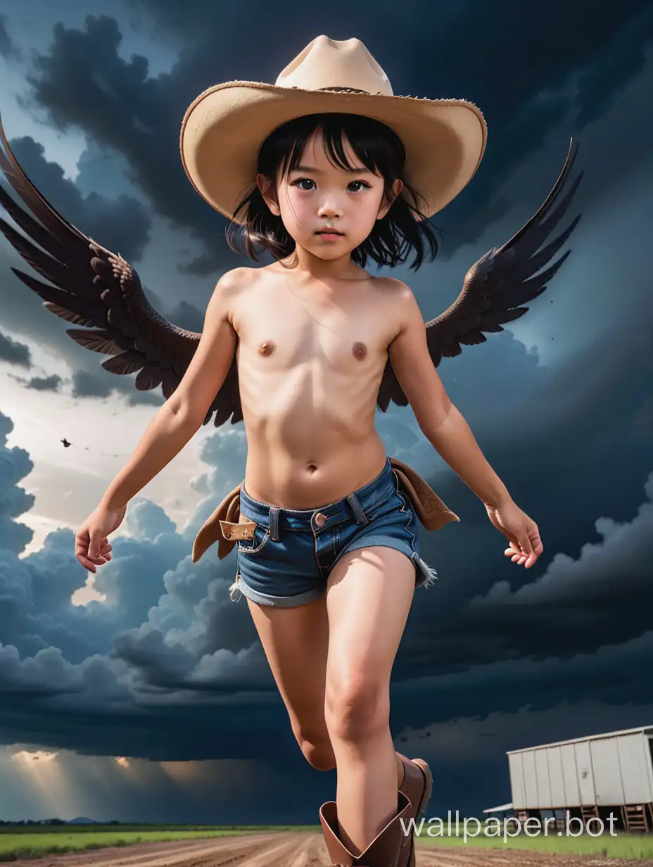 10 year old Chinese girl black hair black eyes shirtless with small round breasts and pixie wings wearing denium shorts cowboy hat and boots flying in a dark stormy sky