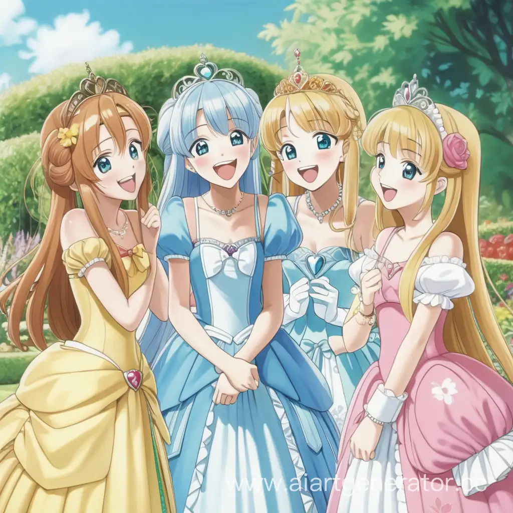 Четыре аниме принцессы которые смеются и улыбаются им 15 лет на заднем фоне находится красивый сад без остальных людей на их Головах прекрасные короны и на них шикарные платья