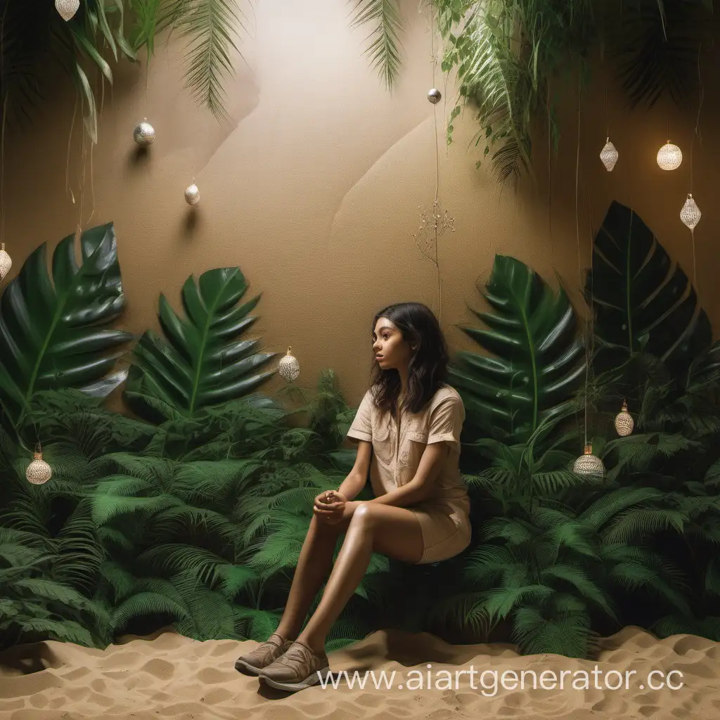 in the middle of the jungle, the floor of the sand-colored wall sticks out of the greenery, ornaments, a girl in light clothes sits against the wall