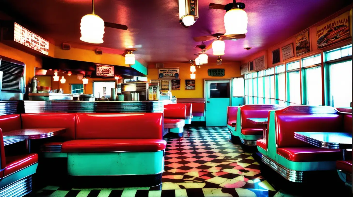 Interior of an empty 1950's diner, full color, photographic quality. Neon.