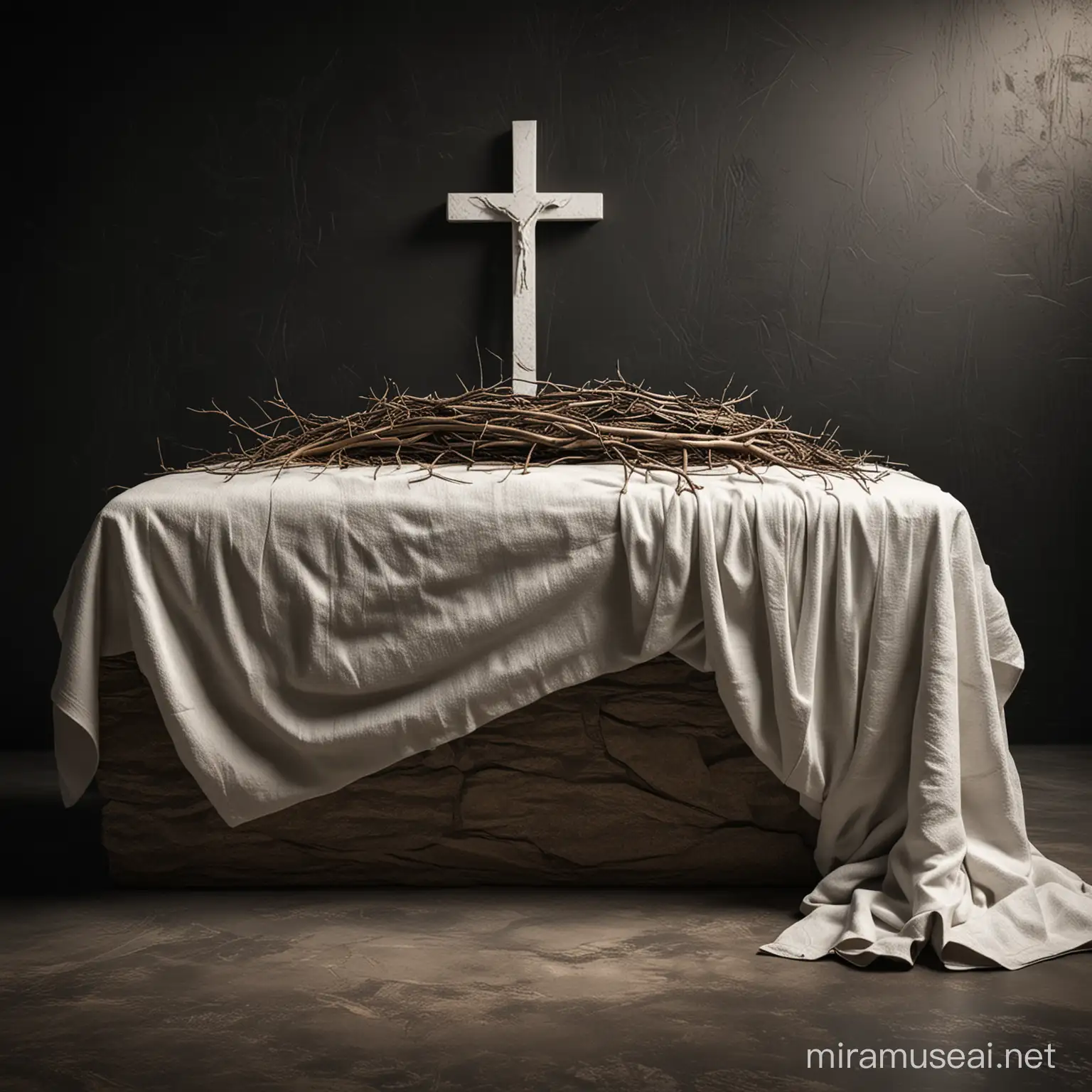 empty tomb of Jesus with crown of thorns and white grave cloths neatly folded beside realistic dark background image