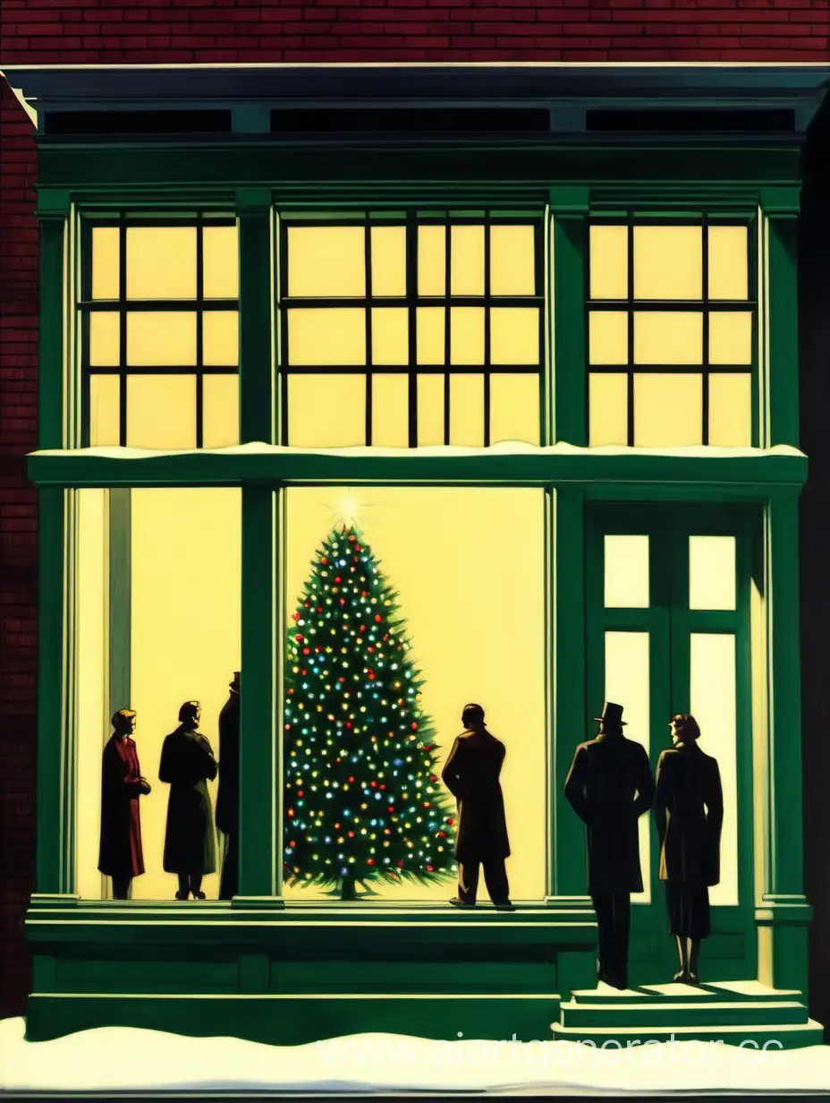 christmas tree, street, 7 people outline in window, edward hopper, light, bright, art